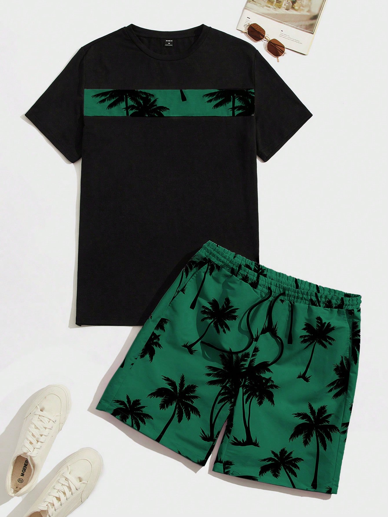 Men Tropical Print Tee & Drawstring Waist Shorts