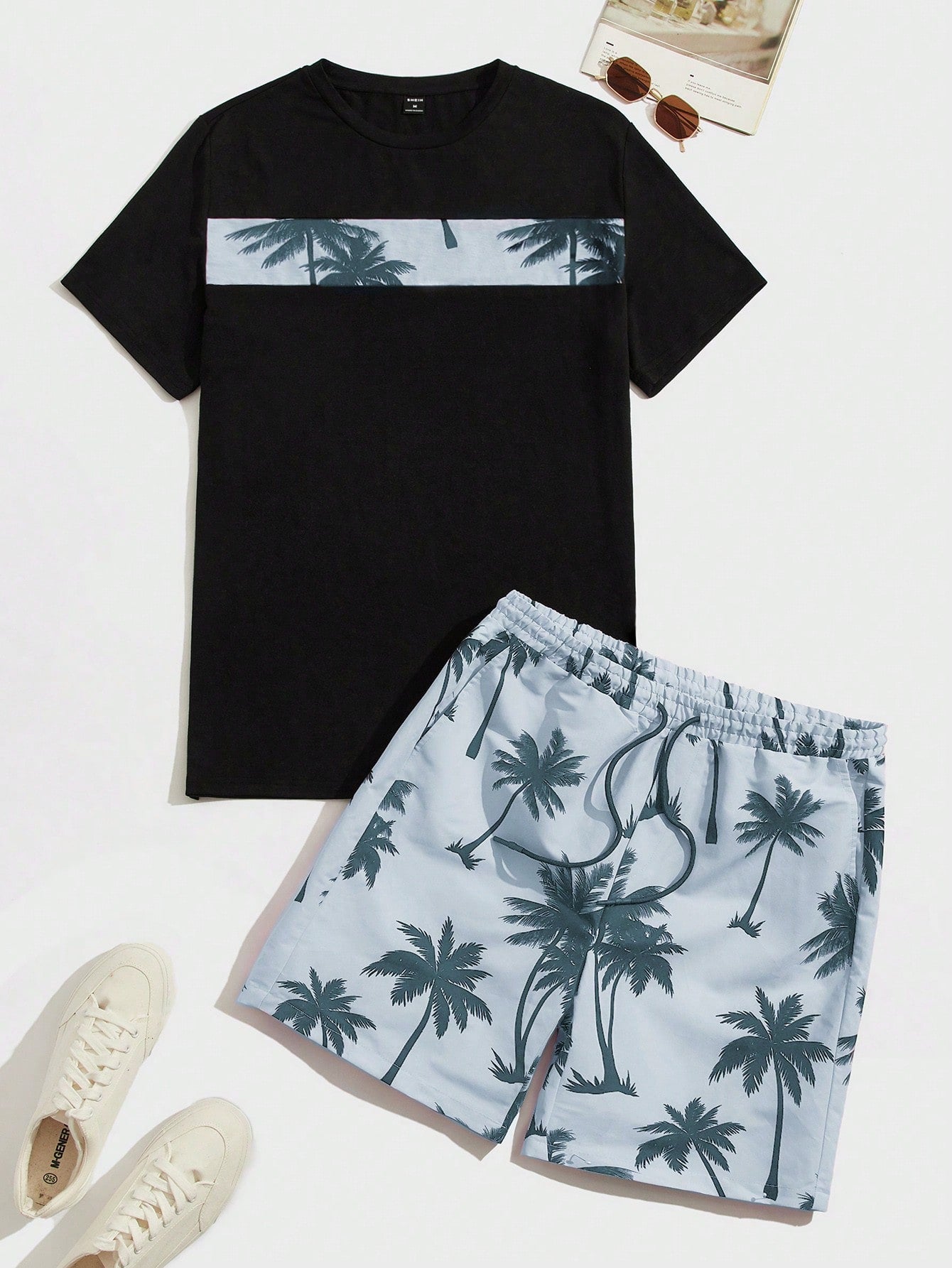 Men's Tropical Print Colorblock Knitted T-Shirt And Drawstring Waist Shorts Set