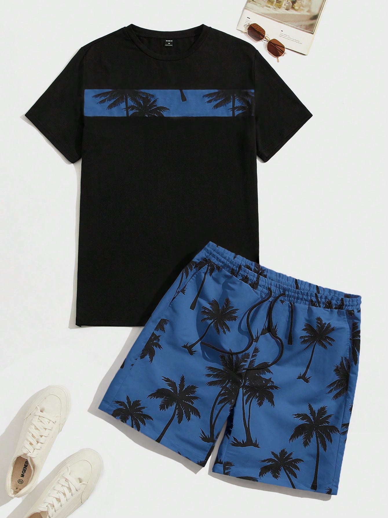 Men Coconut Tree Print Tee & Drawstring Waist Shorts