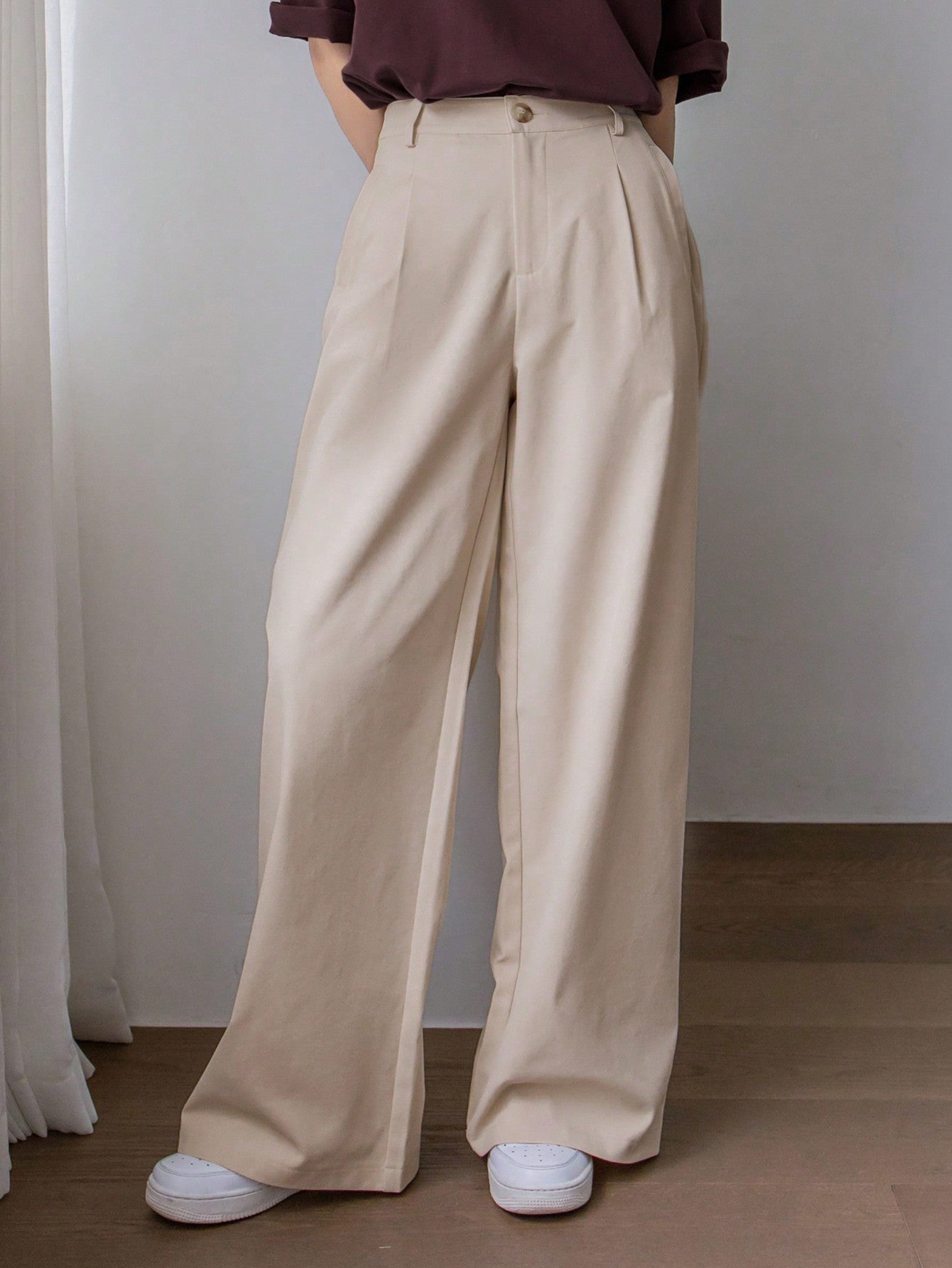 Dazy-Less Women's Solid Color Pleated And Loose Suit Trousers