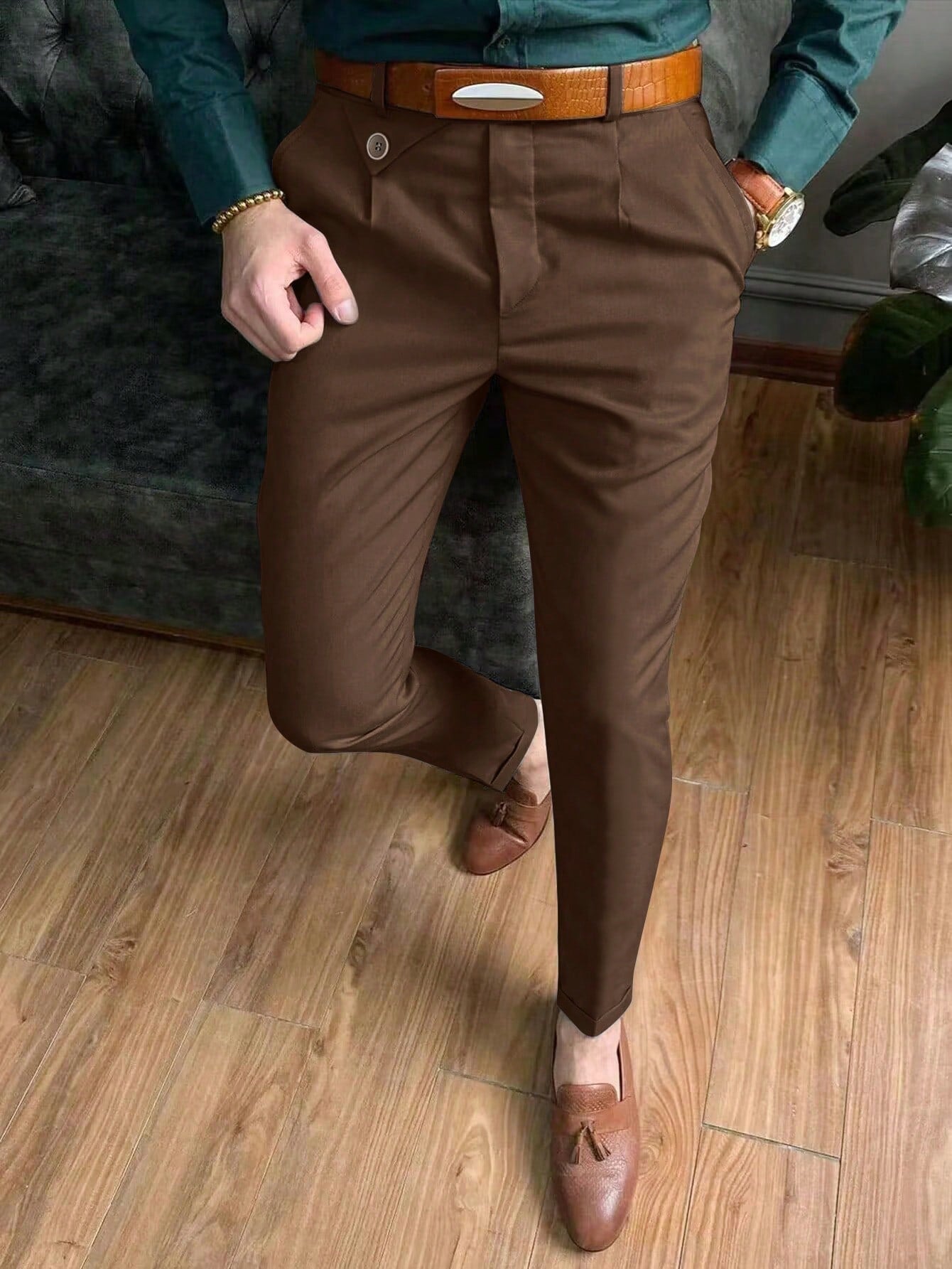 Men's Casual Tapered Suit Trousers With Button Detail And Slanted Pockets