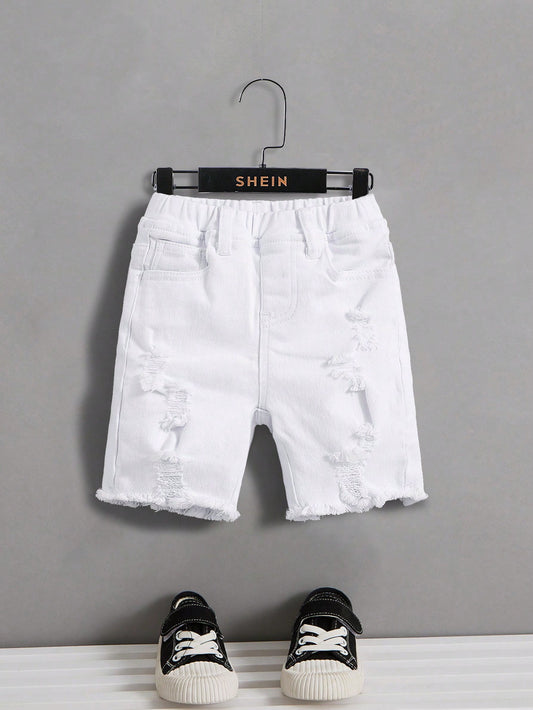 Young Boy Ripped Frayed White Denim Shorts , For Spring And Summer