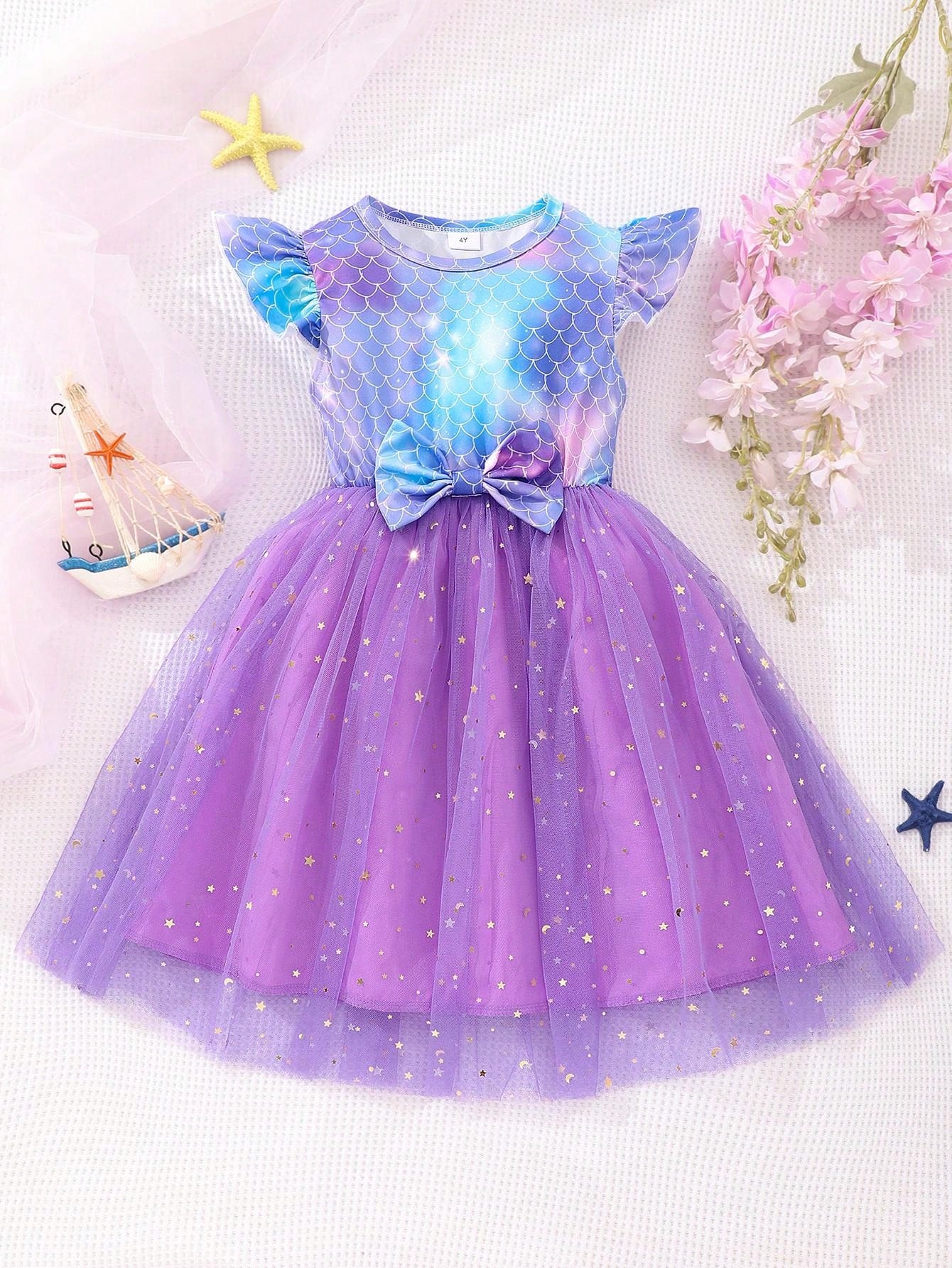 Young Girl Cap Sleeve Butterfly Printed Contrast Mesh Dress With Bowknot, Cute