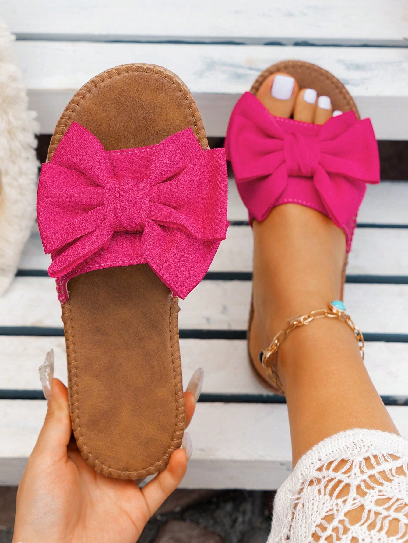 Women's Bow Decor Single Band Slide Vacation Flat Sandals