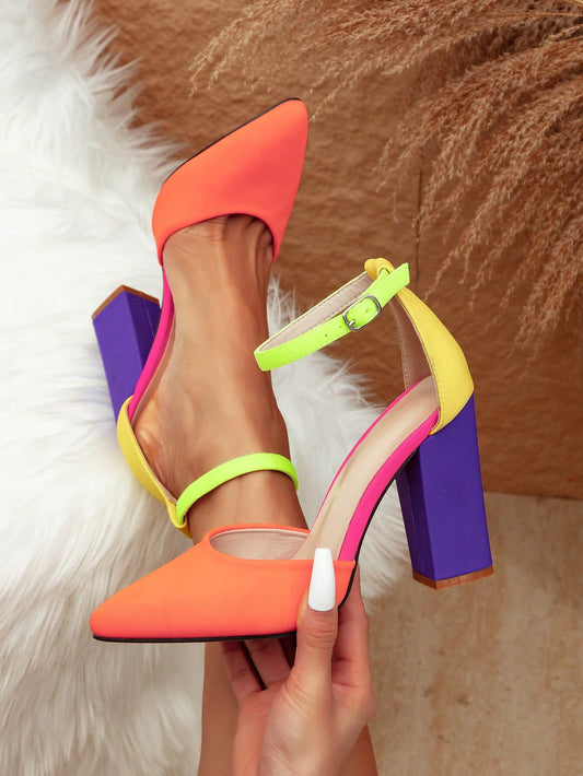 Women's Fashionable Pointed Toe Hollow Out Stiletto Heel Shoes With Ankle Straps, Color Block (Red, Yellow, Green, Orange, Purple)