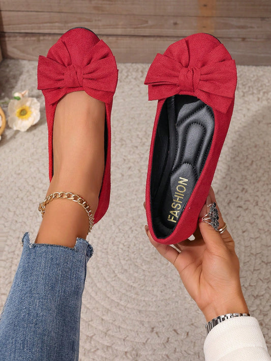 Women's Red Bow Knot Design Round Toe Plus Size Slip-On Comfortable & Versatile Granny Ballet Flats