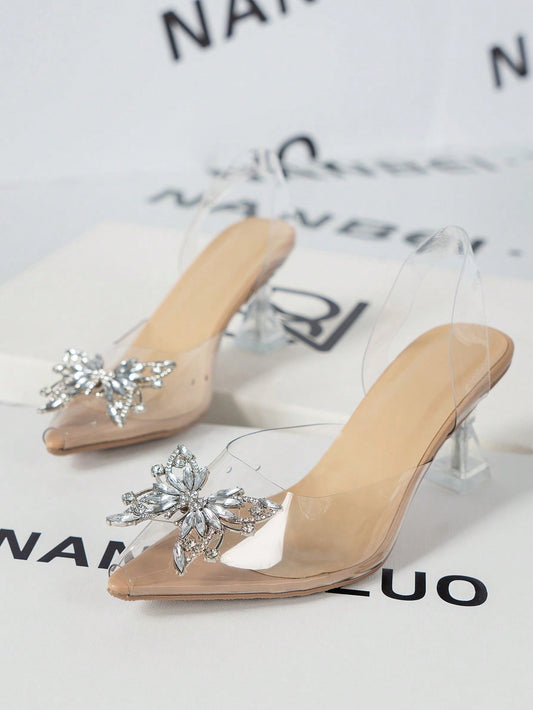 Women Crystal Bow Detail Decoration High-Heeled Shoes, Ladies New Transparent PVC High-Heeled Shoes, Ladies" Wedding Commemorative Pointed High-Heeled Shoes