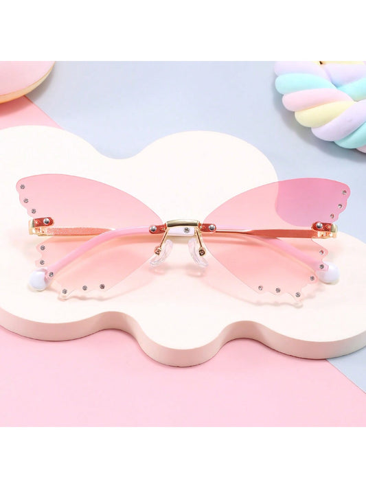 1pc Half-Metal Unframed Diamond Butterfly Shaped Sunglasses For Children, Outdoor Travel Sunshade, With Glasses Box And Cloth