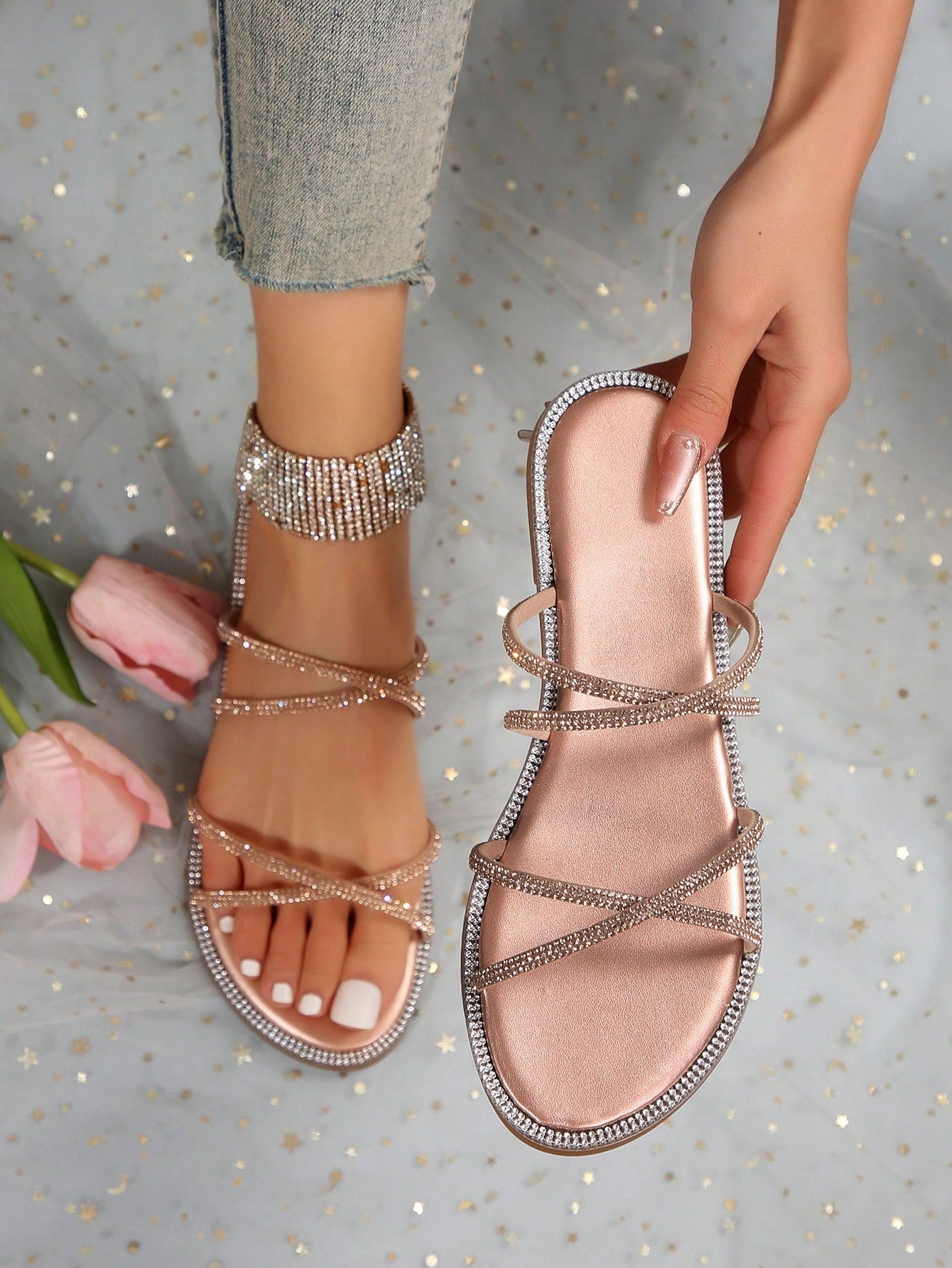 Crossed Thin Strap Flat Sandals With Glass Rhinestones, Chic And Casual For Two Ways