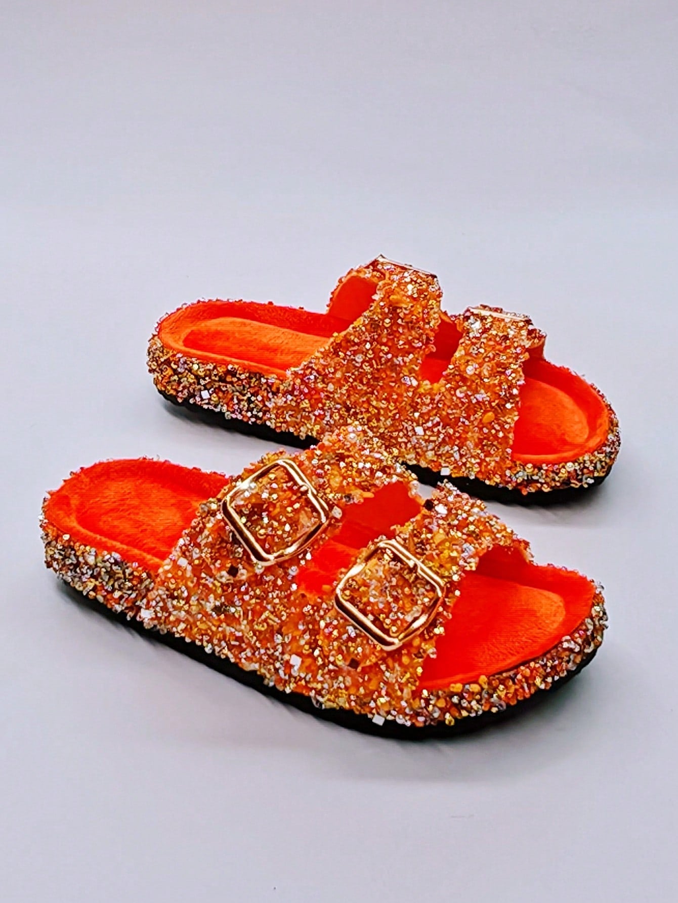 New Black Glass Rhinestone Glitter Flat Slipper Fluffy Wedge Sandals Women's Slip-On Beach Slides