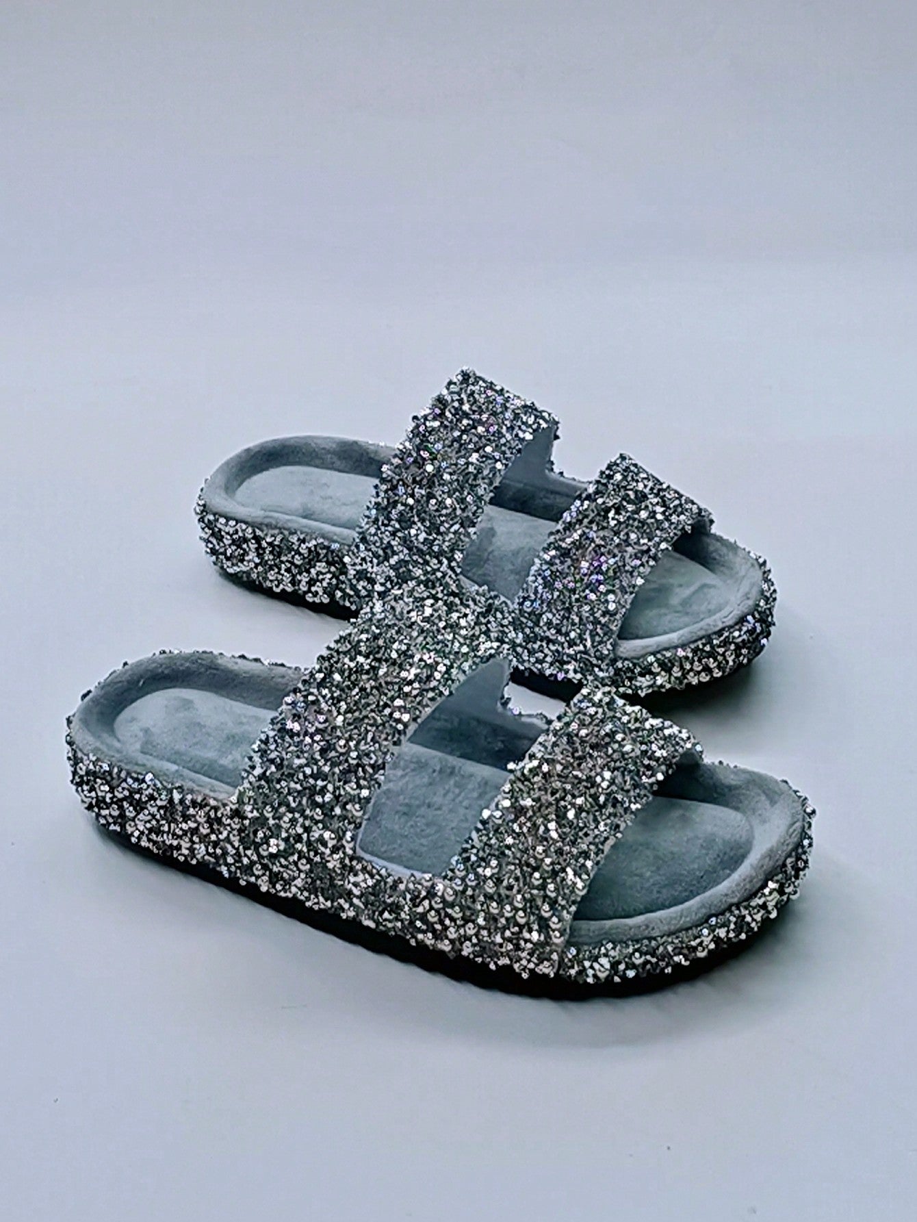 New Faux Cork Double Strap Slippers With Diamante Glitter, Soft & Cushioned