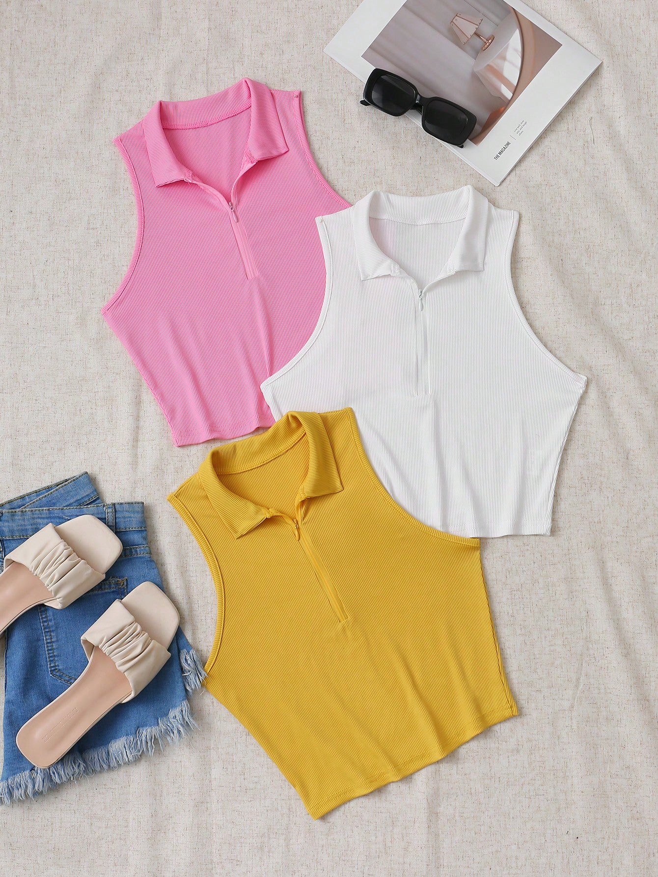 Solid Color Stand Collar Half-Zip Slim Fit Tank Top