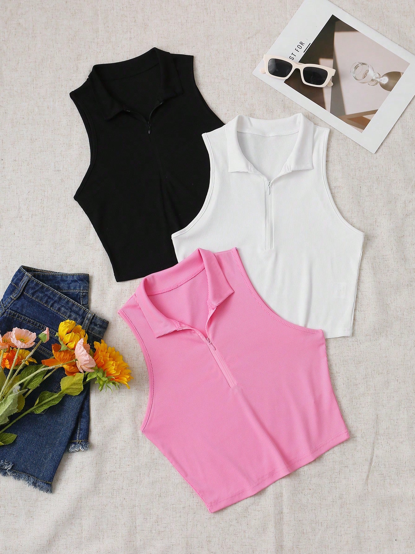 White Half-Zip Stand Collar Slim Fit Tank Top For Summer