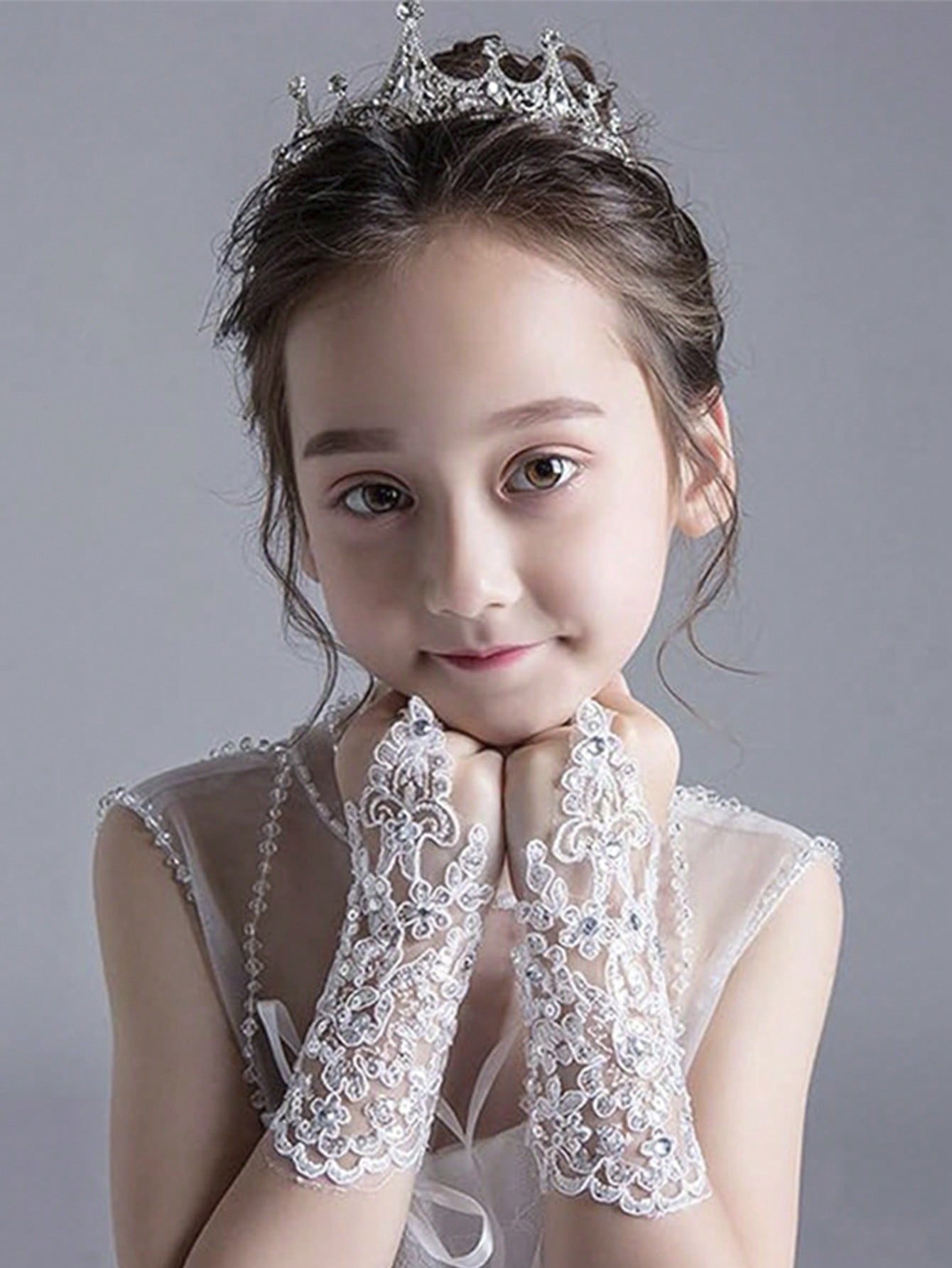 1pair Flower & Lace Princess Gloves For Girls, Wedding Accessories, Children Performance Fingerless Gloves