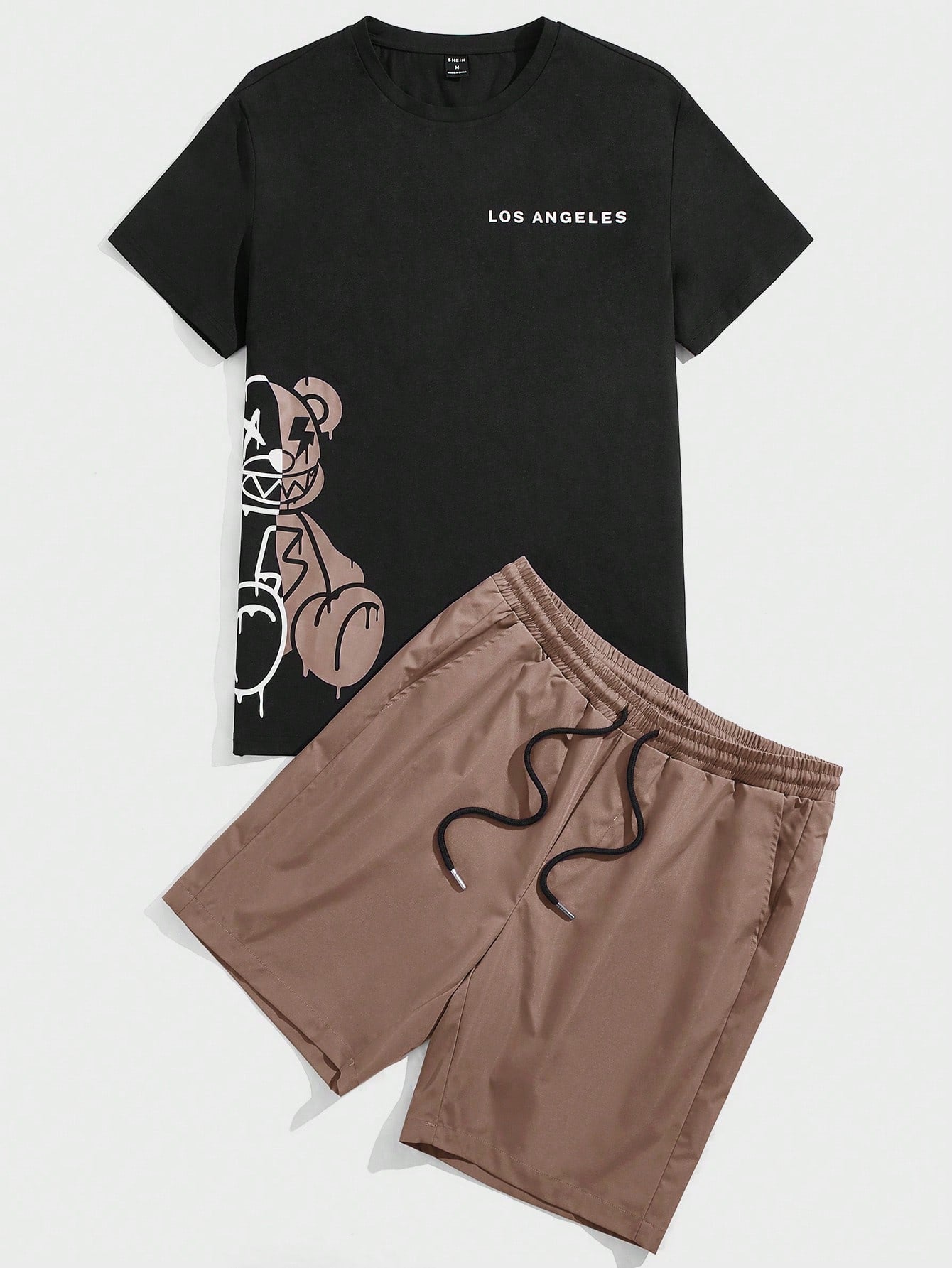 Men Bear & Letter Graphic Tee & Drawstring Waist Shorts