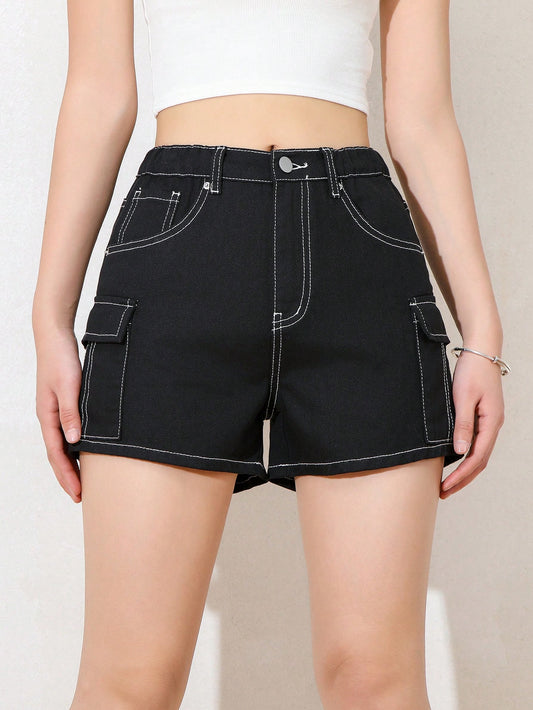 Teenage Girls' Black Casual Loose Fit Denim Shorts With Big Pockets