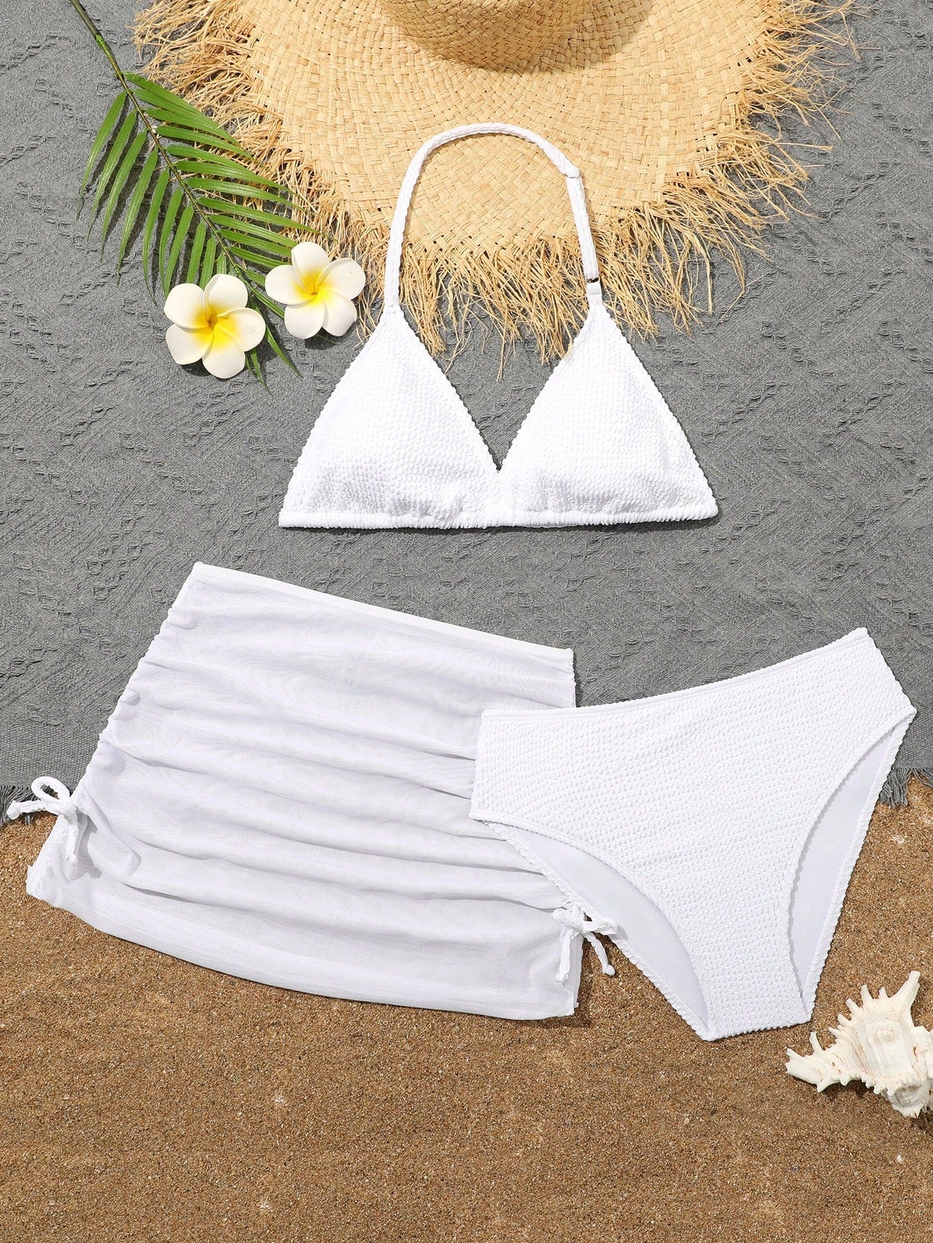 Teenage Girls' Solid Color Triangle Halter Bikini Set With Mesh Beach Skirt