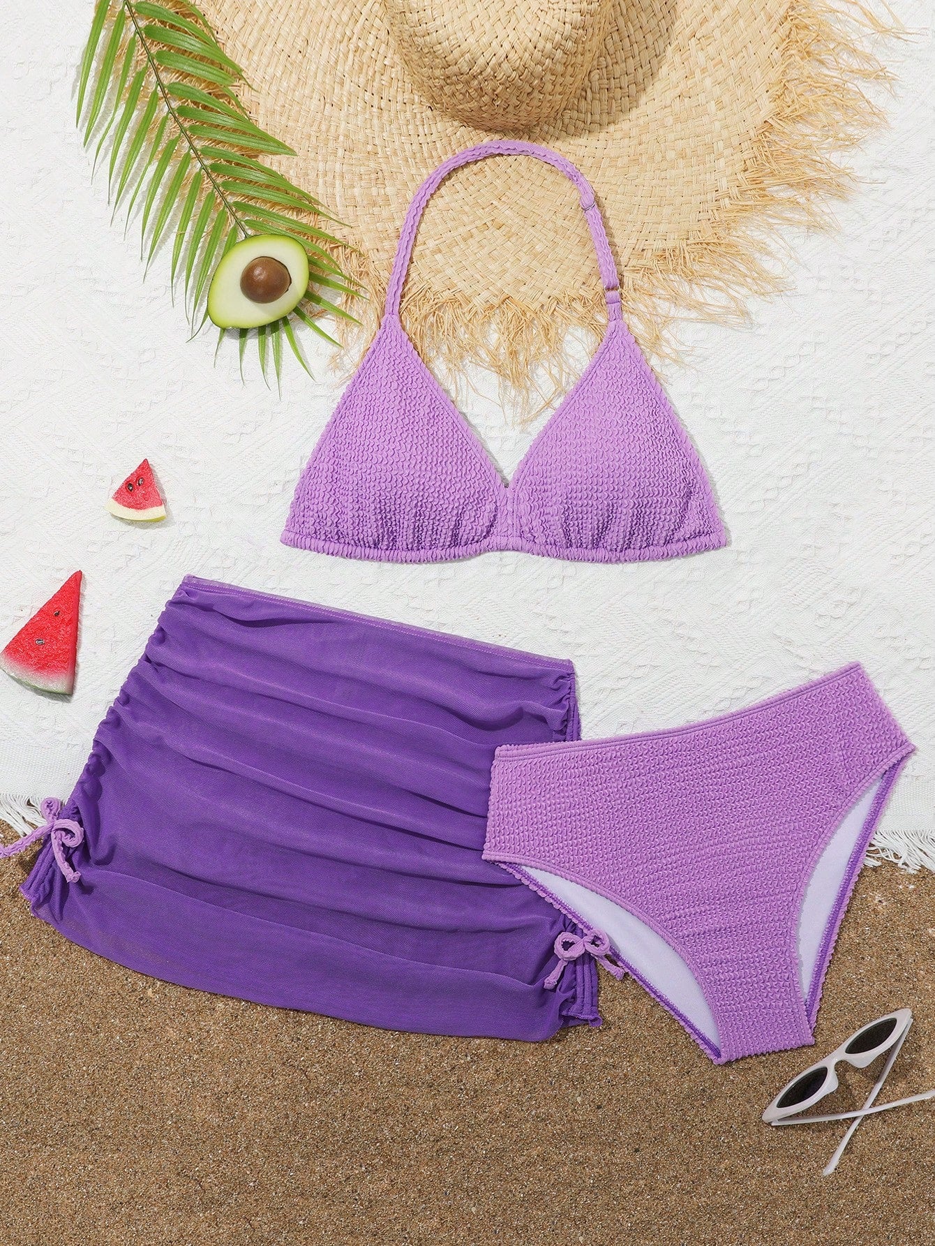 Teenage Girls' Solid Color Triangle Halter Bikini Set With Mesh Beach Skirt