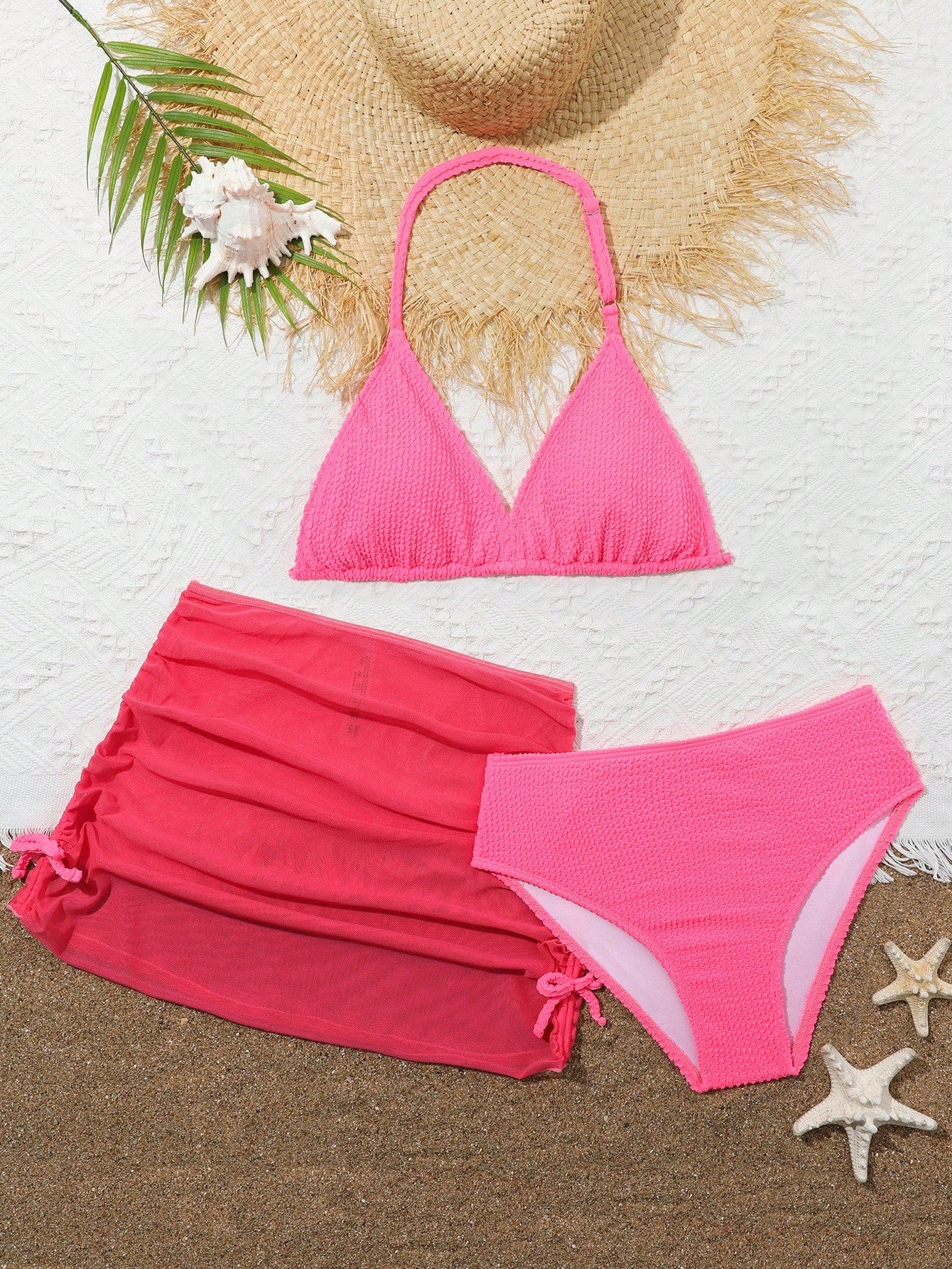 Teenage Girls' Solid Color Triangle Halter Bikini Set With Mesh Beach Skirt