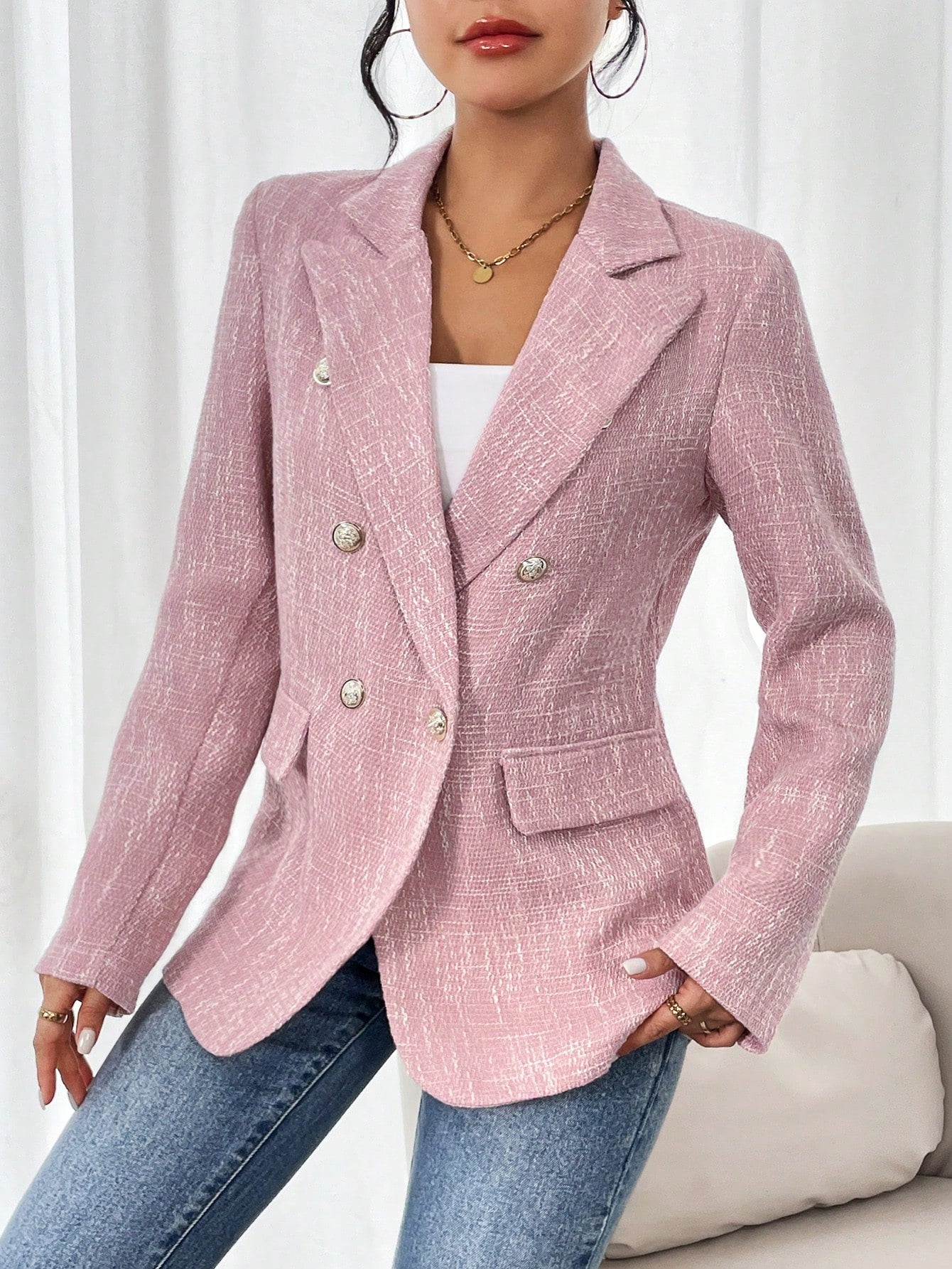 Lapel Neck Double Breasted Tweed Blazer