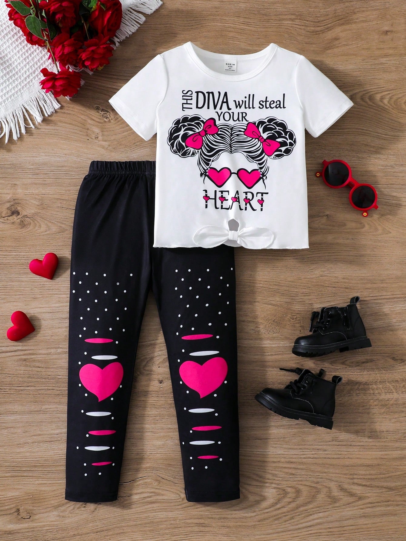 Young Girls' Valentine's Day Cartoon Character Pattern Printed Short Sleeve T-Shirt & Long Pants Set, Suitable For Autumn