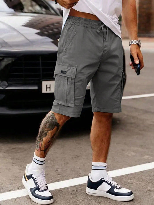 Men's Loose Fit Drawstring Waist Flip Pocket Cargo Shorts