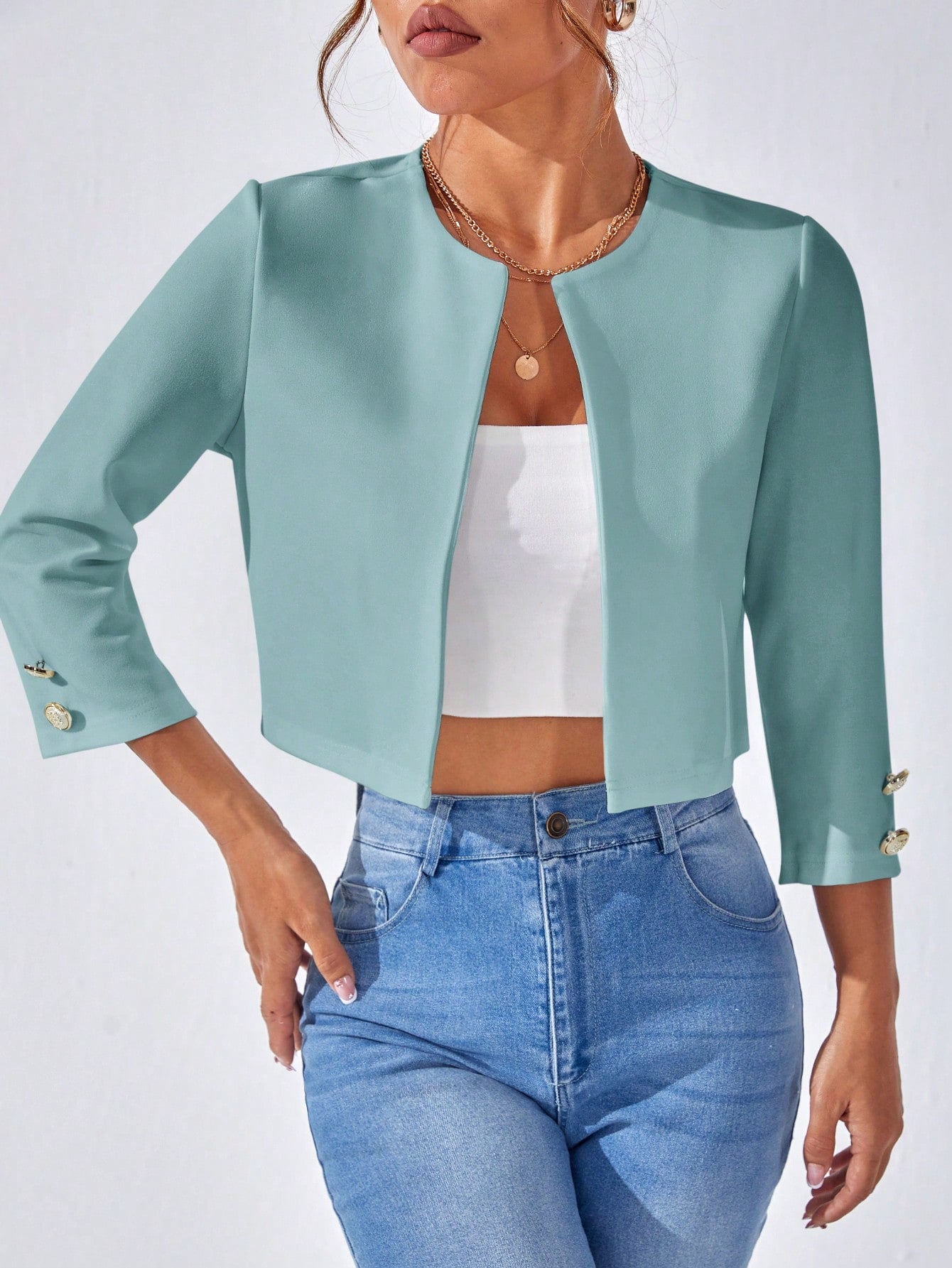 1pc Solid Open Front Crop Jacket