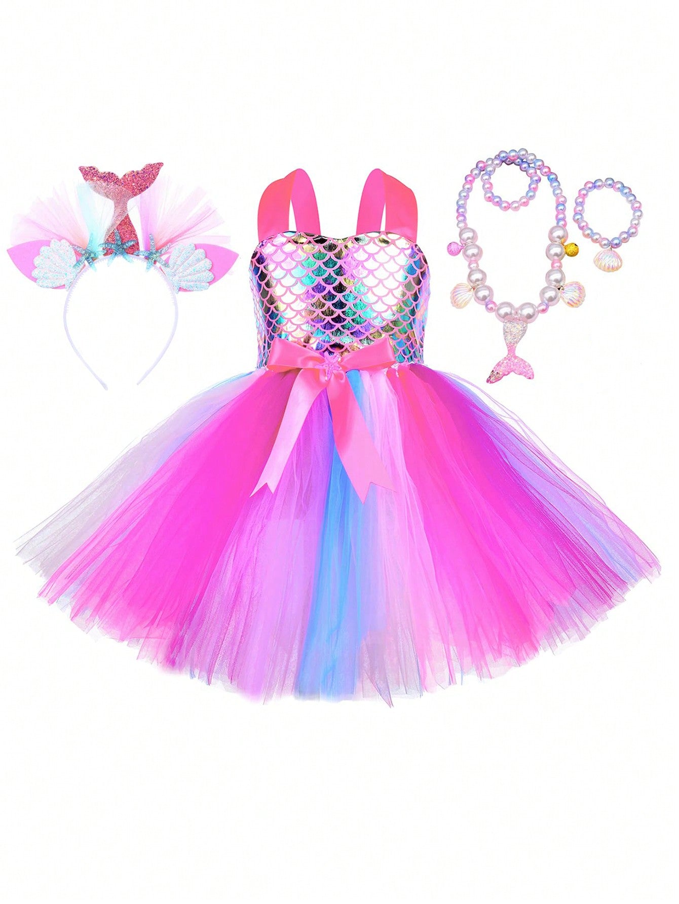 Young Girl Mermaid Style Patchwork Mesh Bowknot Decoration Birthday Party Dress With Matching Headband And Necklace