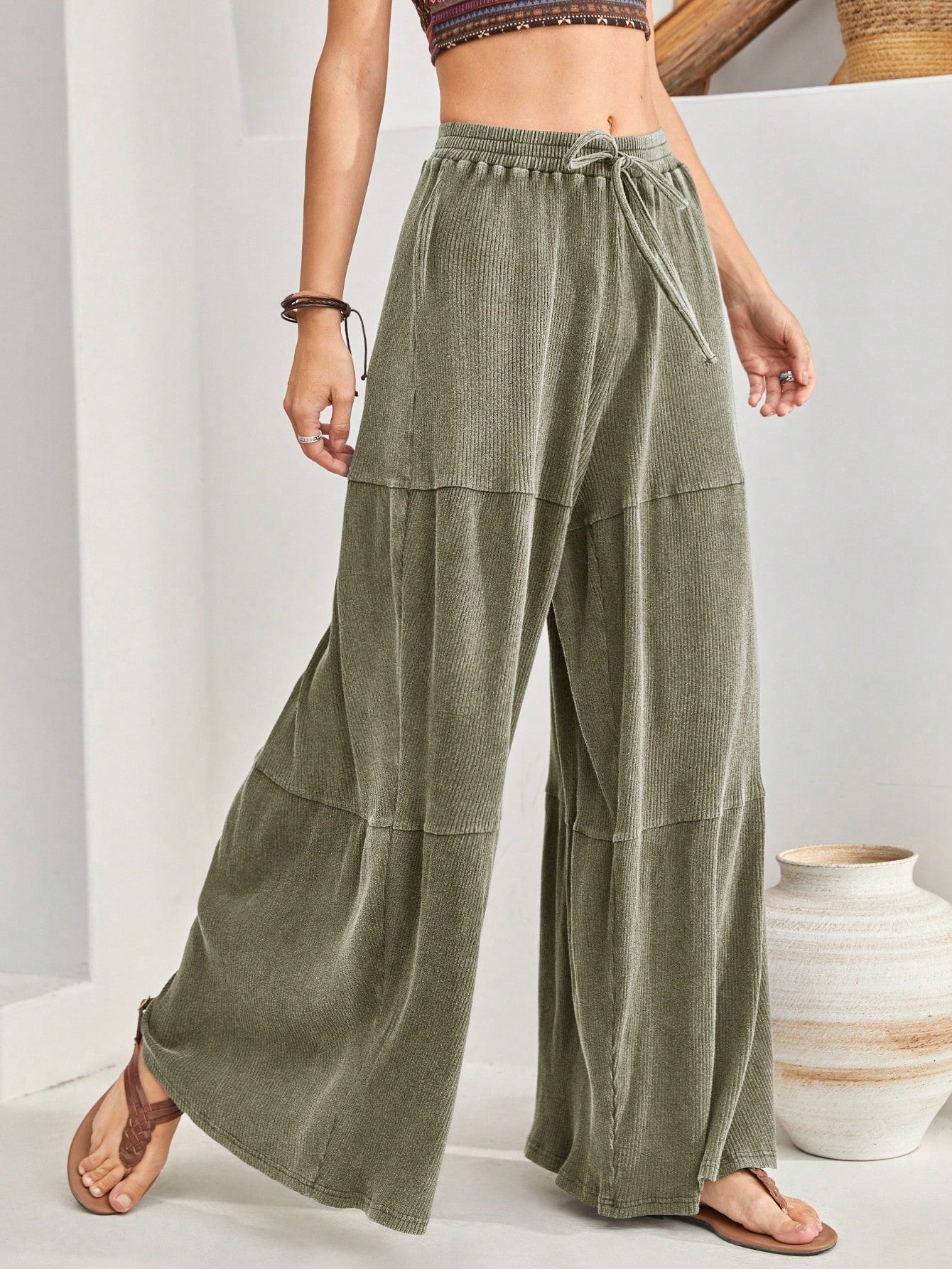 BohoFeels Women's Wide Leg Pants With Drawstring Waist And Ruffle Hem