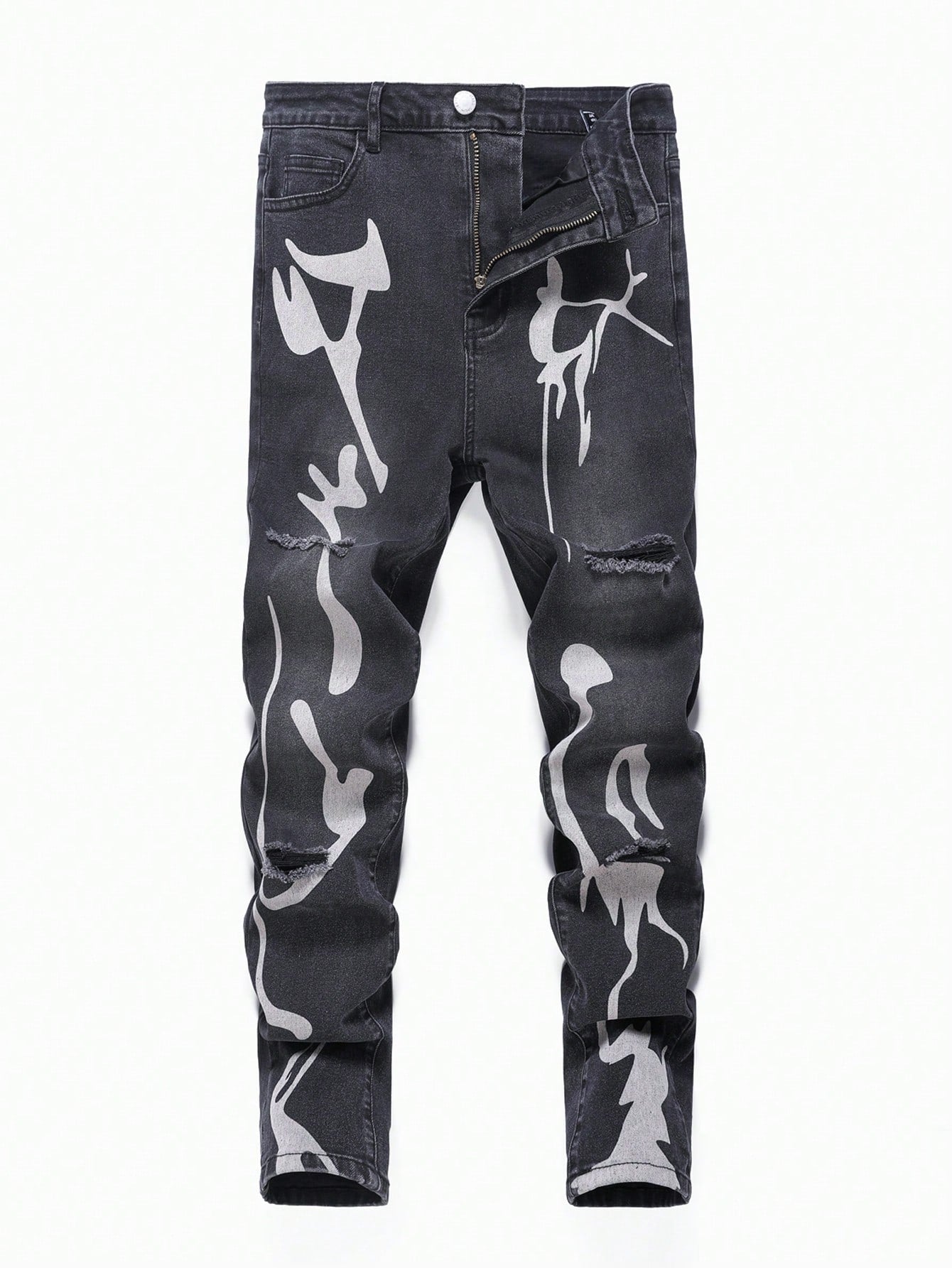 Teen Boy Black Stylish Graphic Print Ripped Jeans ,For Spring And Summer