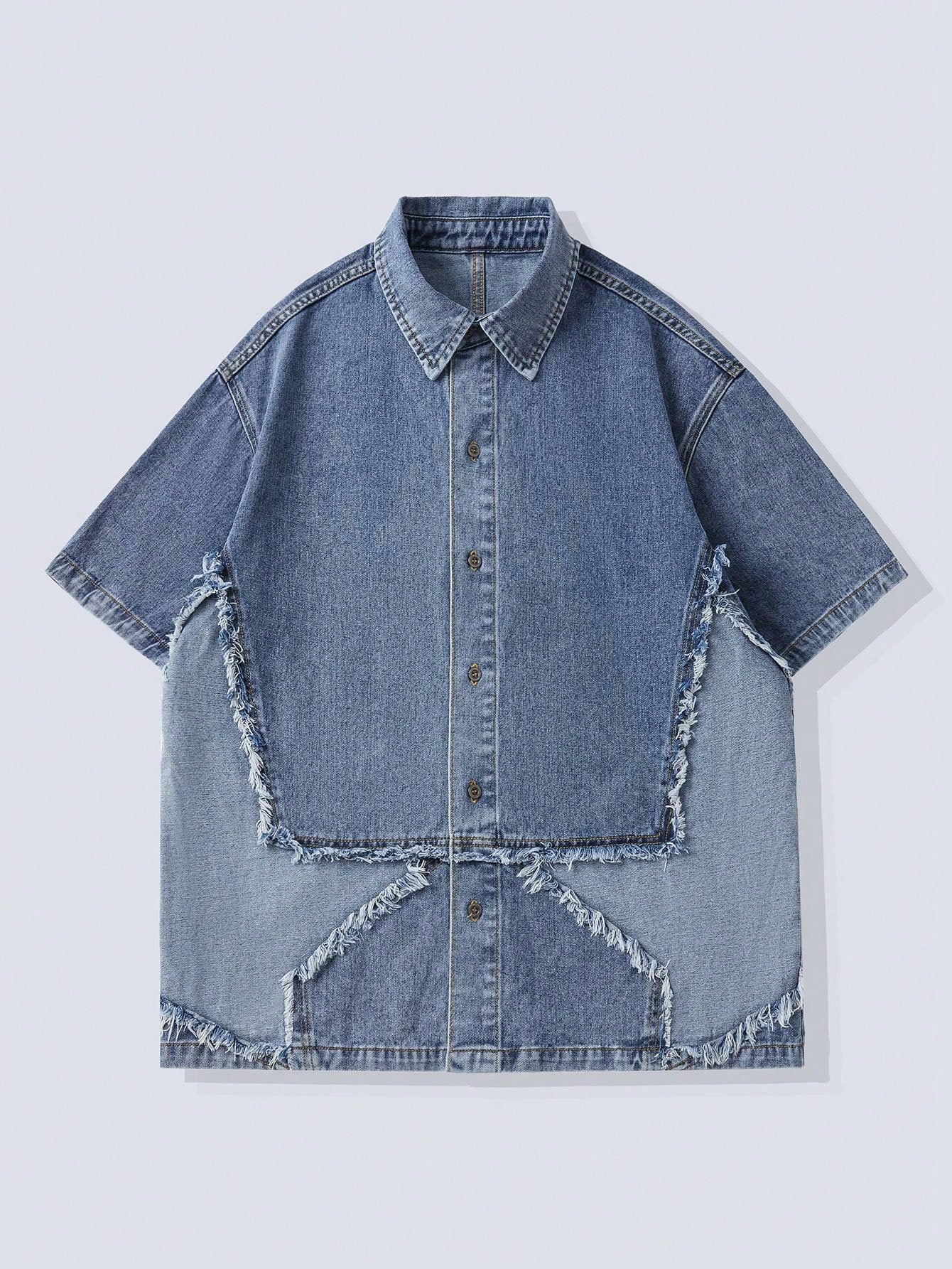 Street Life Men Colorblock Raw Trim Star Denim Shirt For Summer