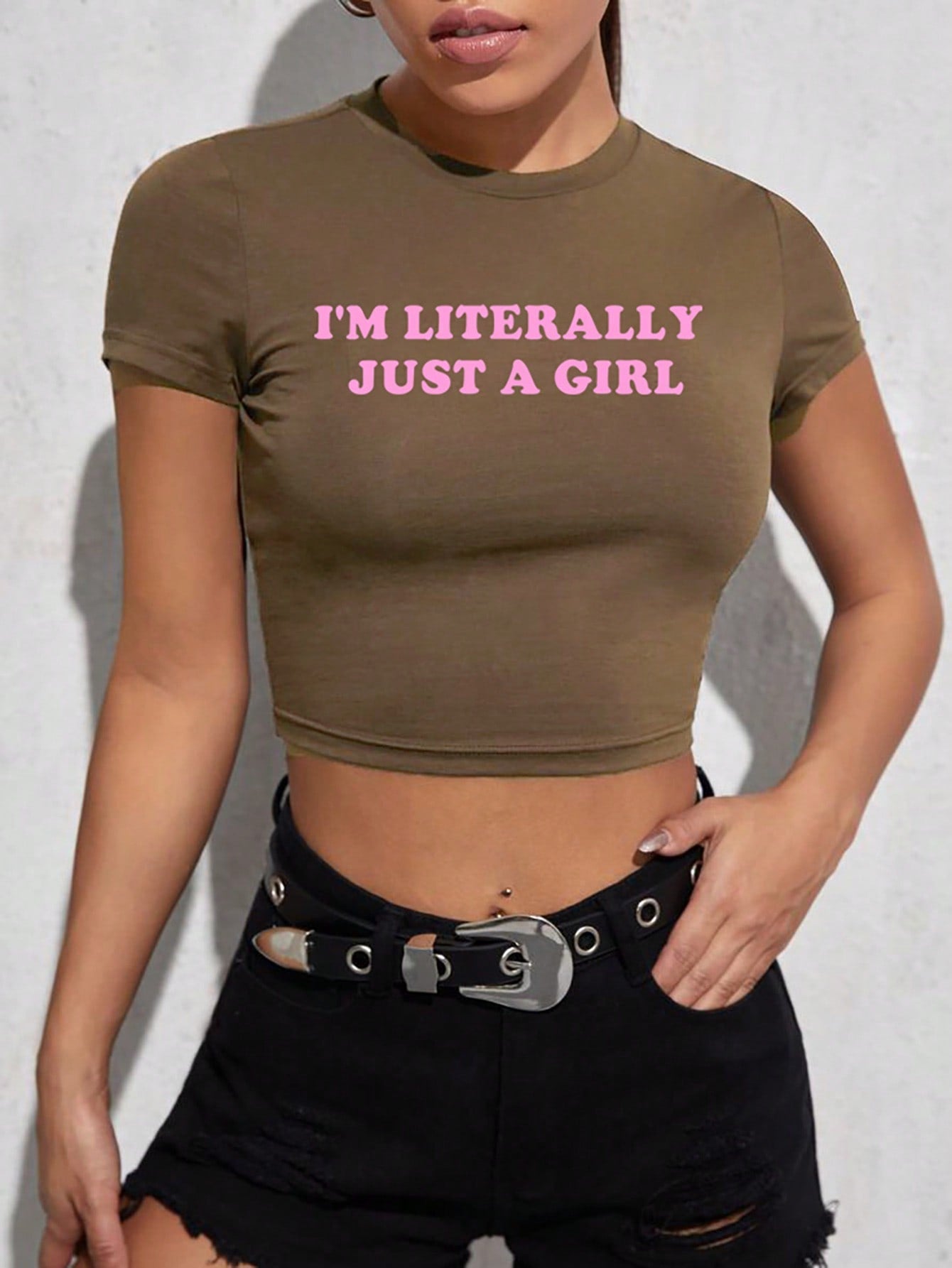 Women I'm Literally Just A Girl Crop Top With Slogan Print And Slim Fit I'M LITERALLY JUST A GIRL