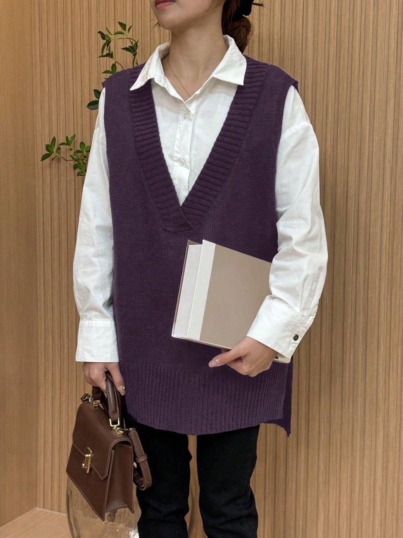 Plus Size Solid Color Loose V-Neck Sweater Vest With Side Slits