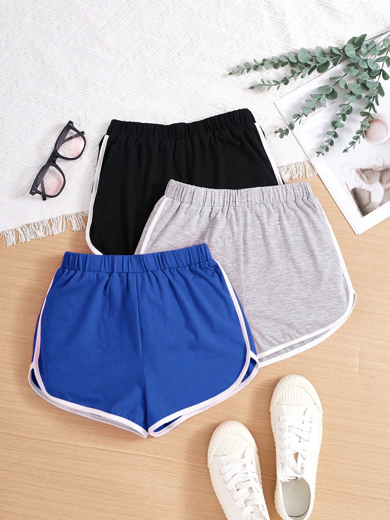 3pcs/Set Knitted Color-Block Loose-Fit Shorts With Contrast Hem For Tween Girls