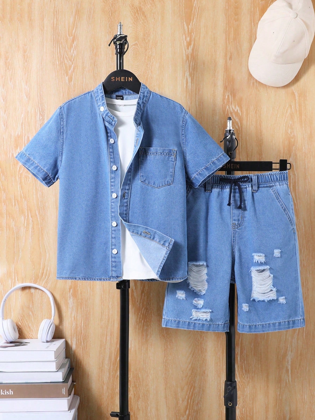 Tween Boys' 2pcs/Set Casual Comfortable Soft Blue Denim Shirt And Blue Ripped Frayed Denim Jeans Shorts Set ,For Spring And Summer Tween Boy Outfits