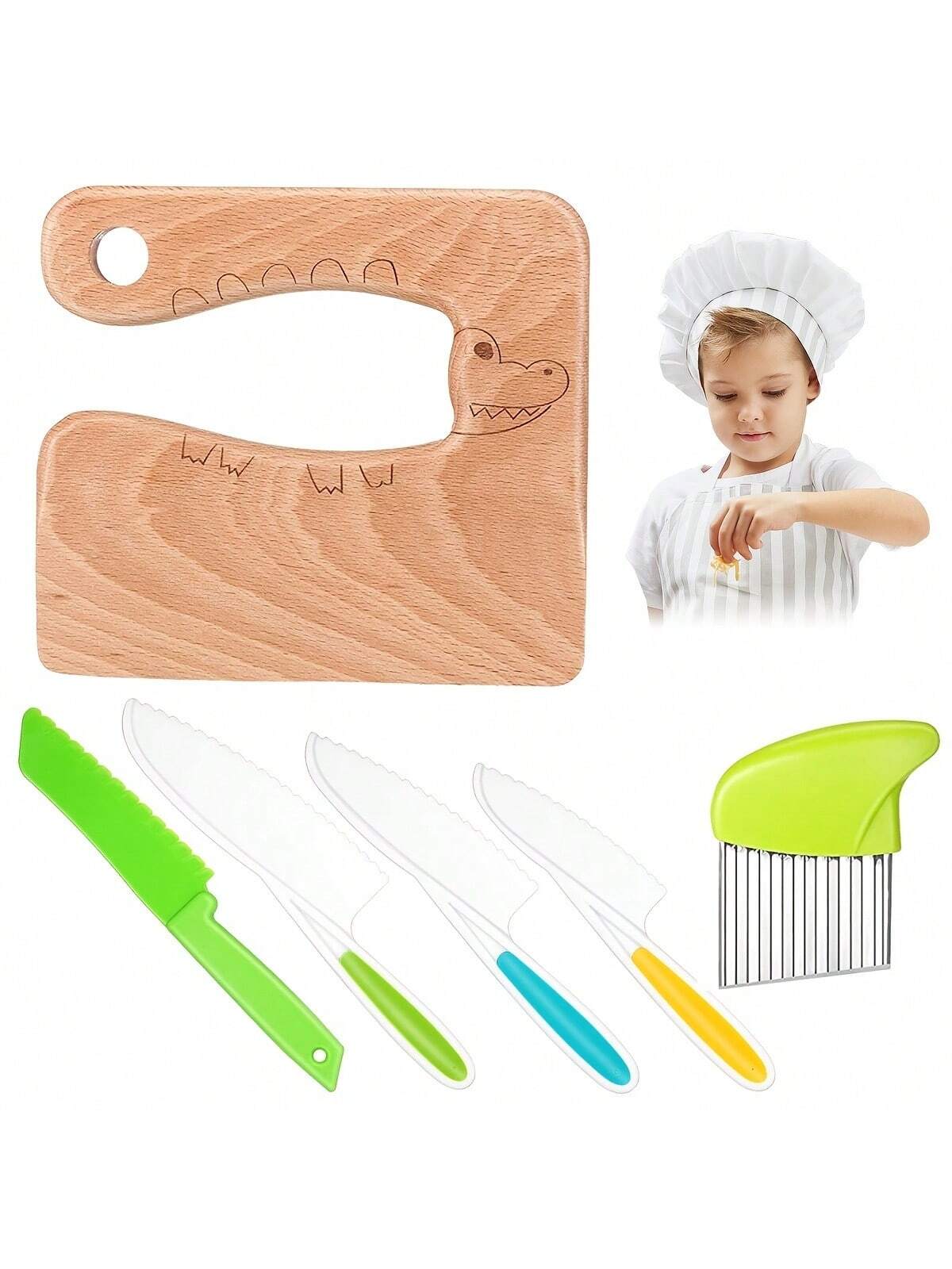 6-Piece Wooden Children's Knife Set  Plastic Children's Knife Set Includes Cute Pattern Wooden Knife Potato Slicer Serrated Knife Kitchen Children's Flat Knife Family Toy