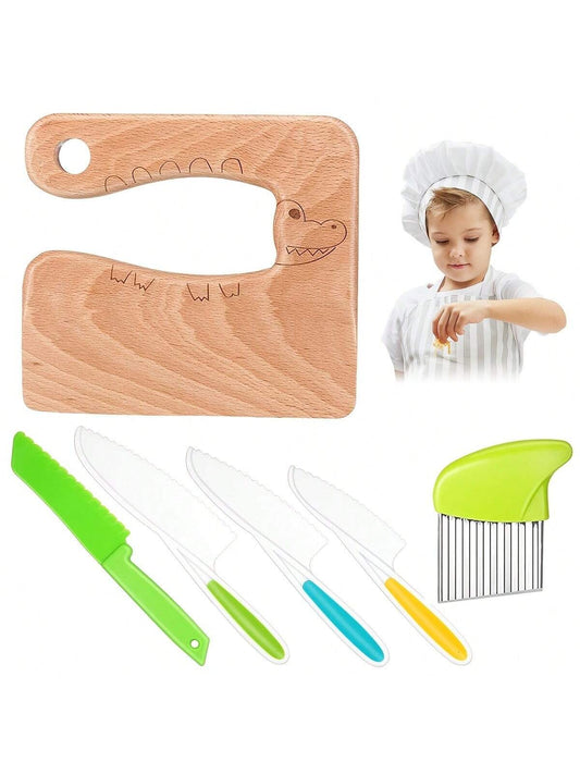 6-Piece Wooden Children's Knife Set  Plastic Children's Knife Set Includes Cute Pattern Wooden Knife Potato Slicer Serrated Knife Kitchen Children's Flat Knife Family Toy