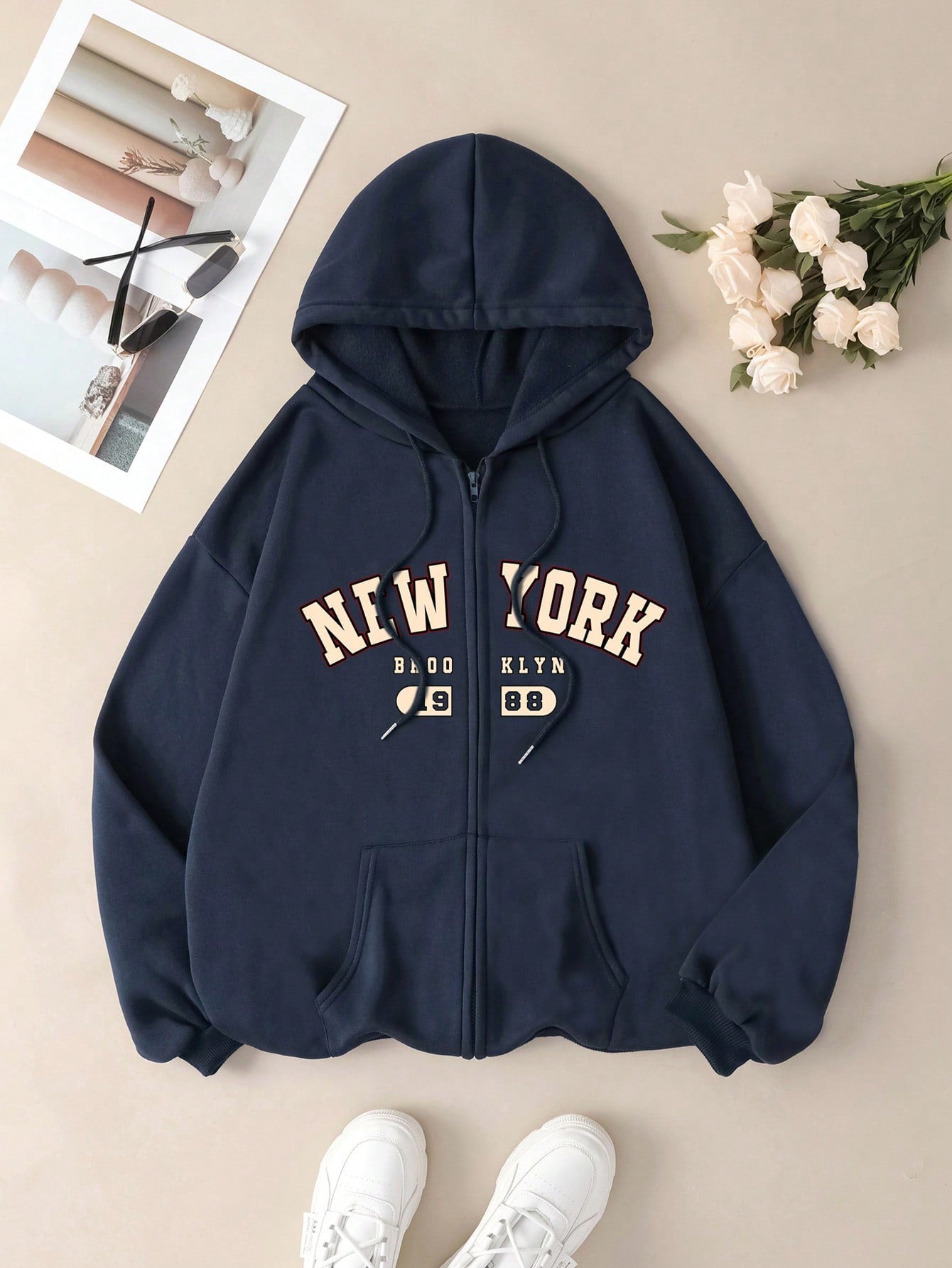 Loose Fit Letter Printed Hooded Drawstring Sweatshirt With Dropped Shoulder Design