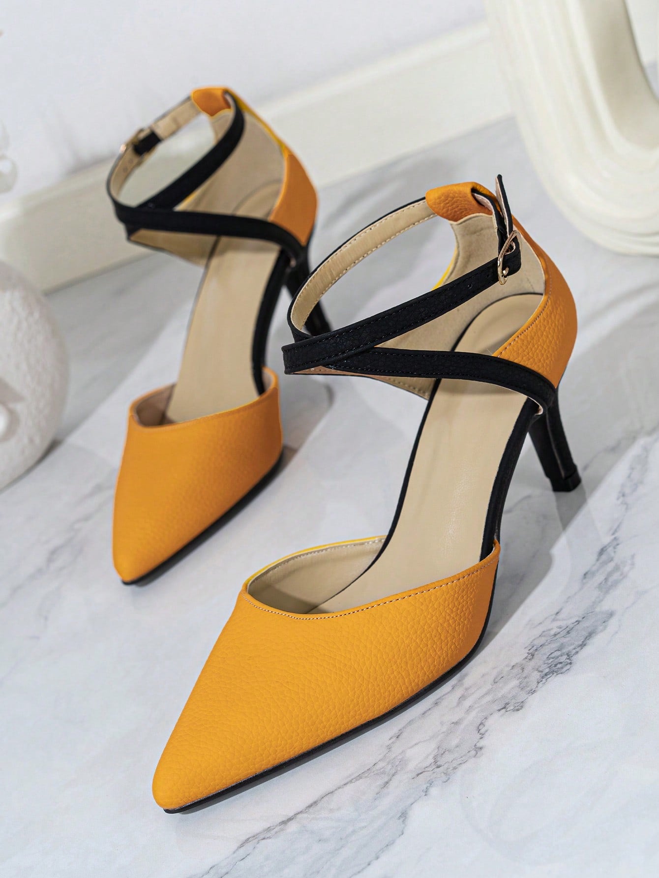 Two Tone Point Toe Ankle Strap Pumps, Apricot-colored Elegant Contrast High Heels Shoes For Women