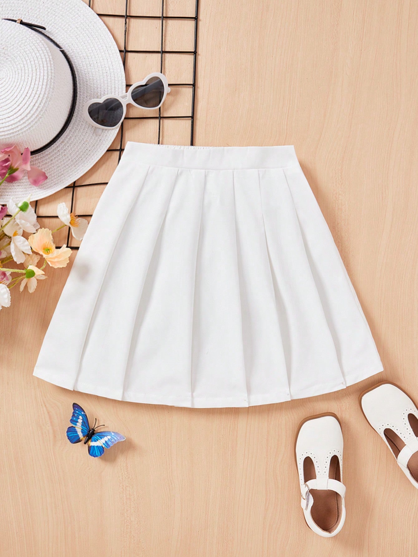 Tween Girl Sweet And Cool Plain Woven Pleated Skirt For Daily Wear