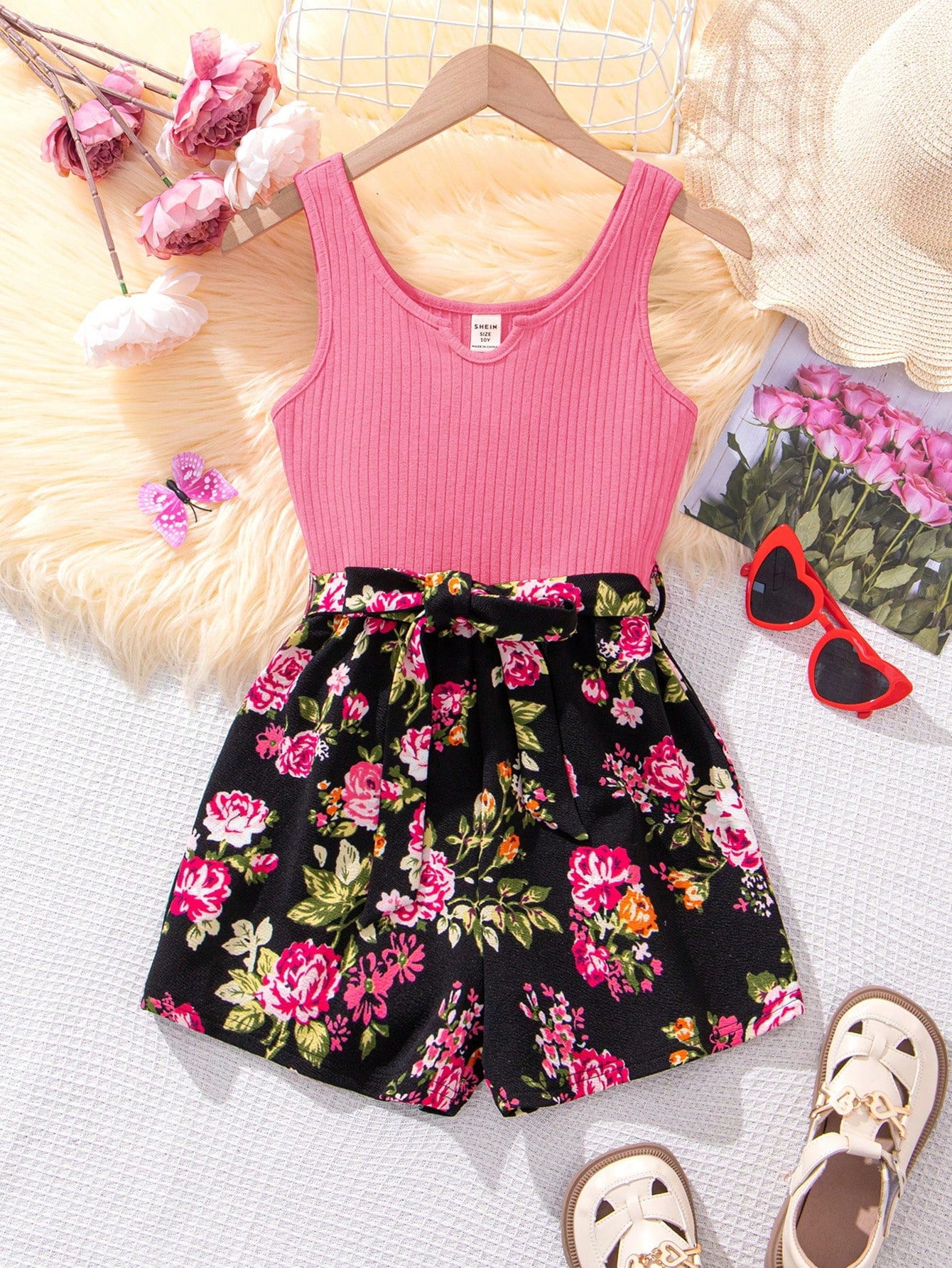 Tween Girl Knitted Monochrome Spaghetti Strap Jumpsuit With Flower Pattern Printing, Summer