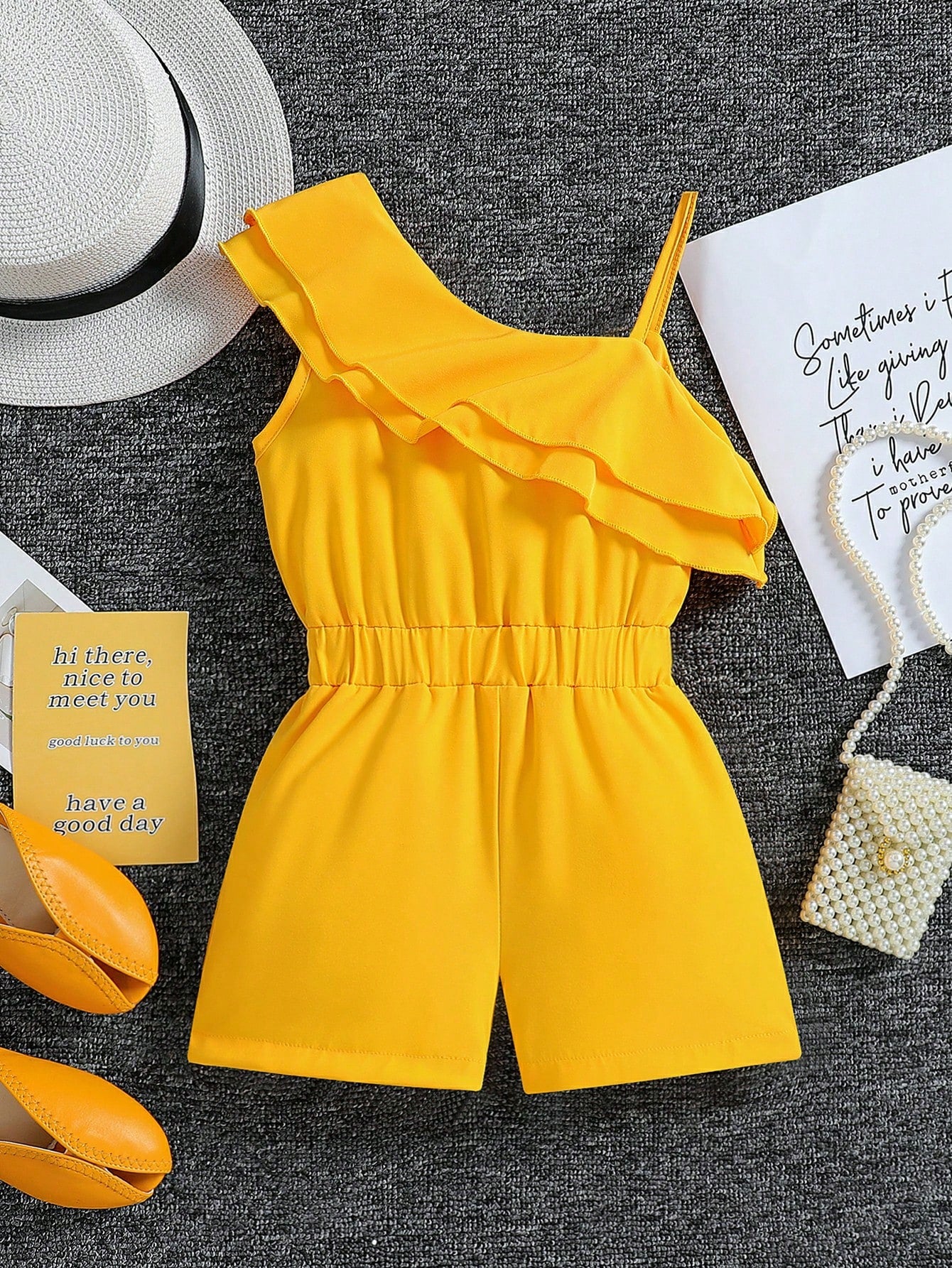 Young Girl Ruffle Trim Asymmetrical Neck Romper