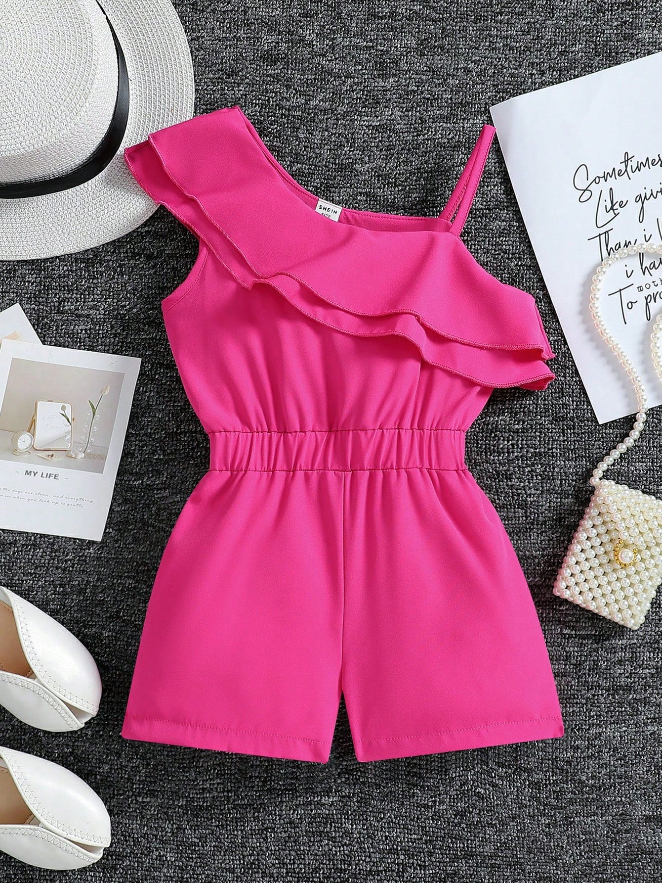 Young Girl Ruffle Trim Asymmetrical Neck Romper