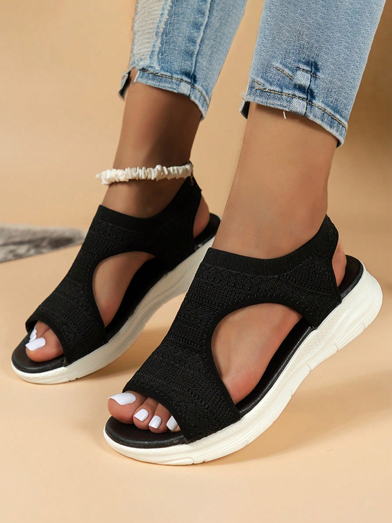 Women's Fashionable White Round-Toe Sandals With Large Size And Comfortable Hollow-Out Slip-On Design