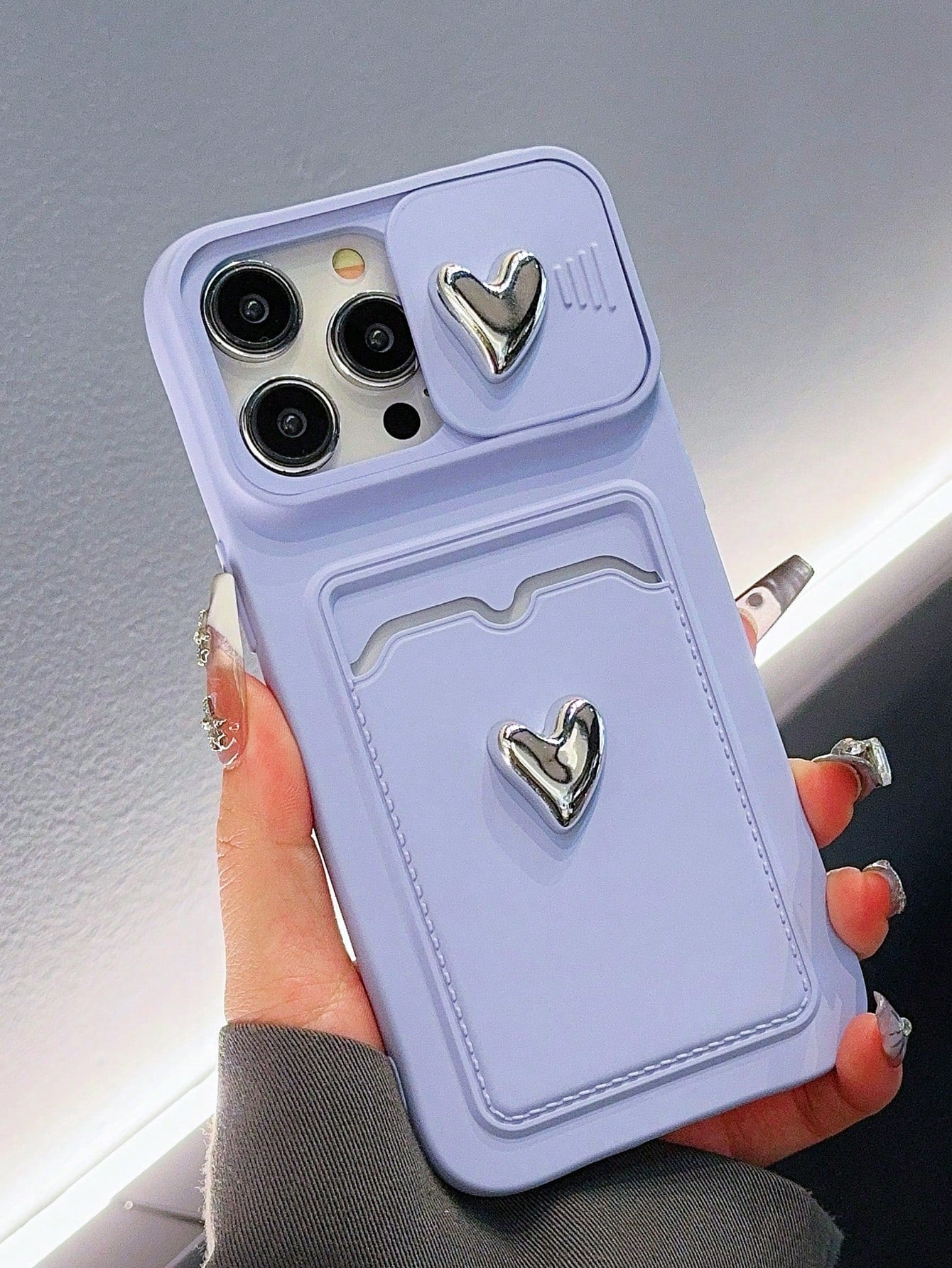 Sliding Plating Double Heart Frame Card Slot Phone Case Compatible With IPhone