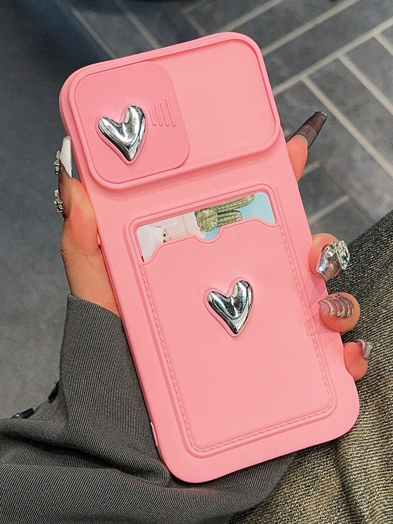 Dual Heart-Shaped Frame Slide Case With Card Holder Compatible With IPhone, Electroplated