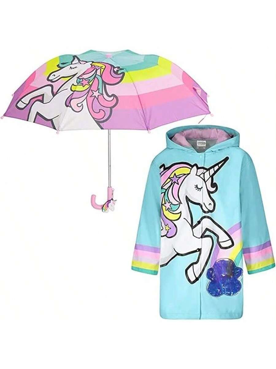 Unicorn Girls Umbrella & Rain Jacket Set - Kids Ages 3-9 Years