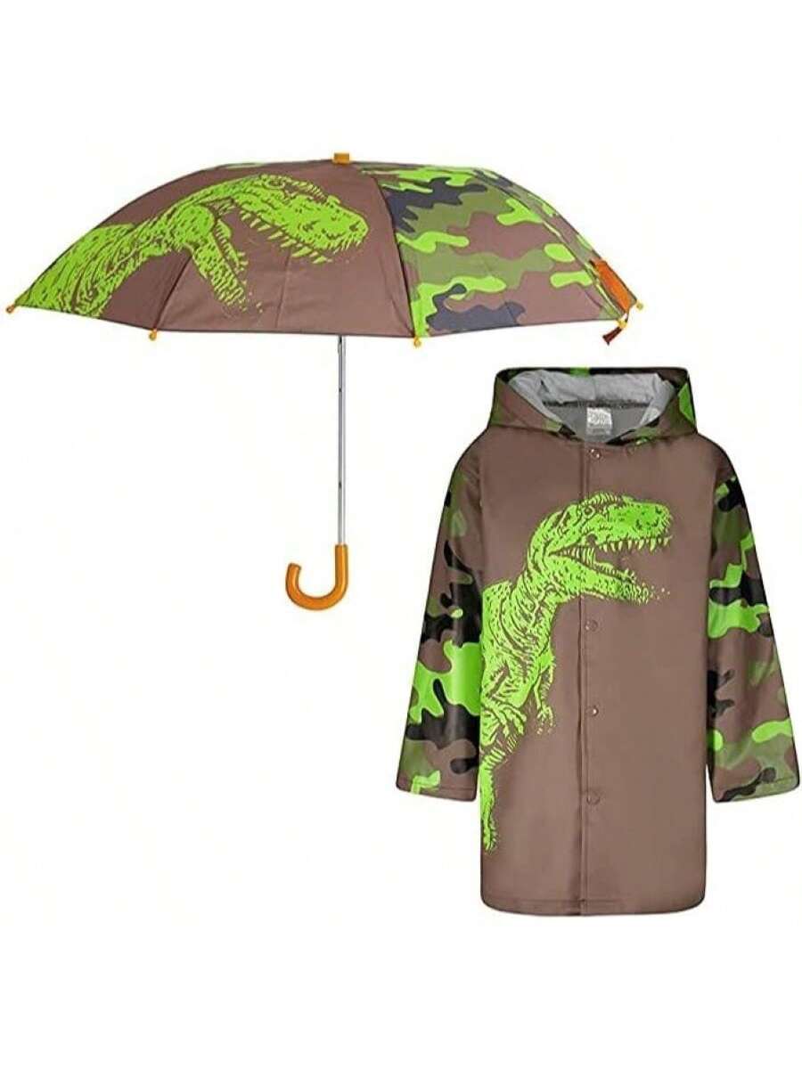 Dinosaur Boys Umbrella & Rain Jacket Set - Kids Ages 3-9 Years