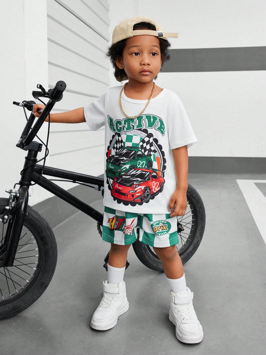 Young Boy's Car & Checkerboard & Letter Print Top And Shorts Set