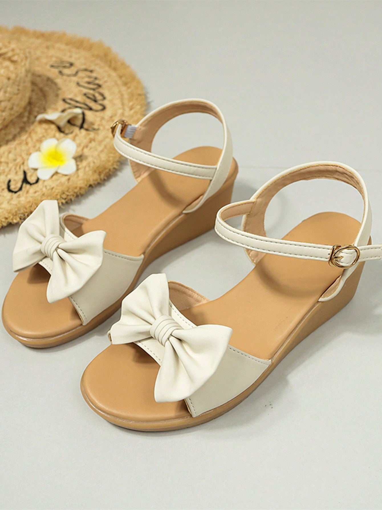 Teenage Girls' Sweet Bow Knot Wedge Sandals With Ankle Strap